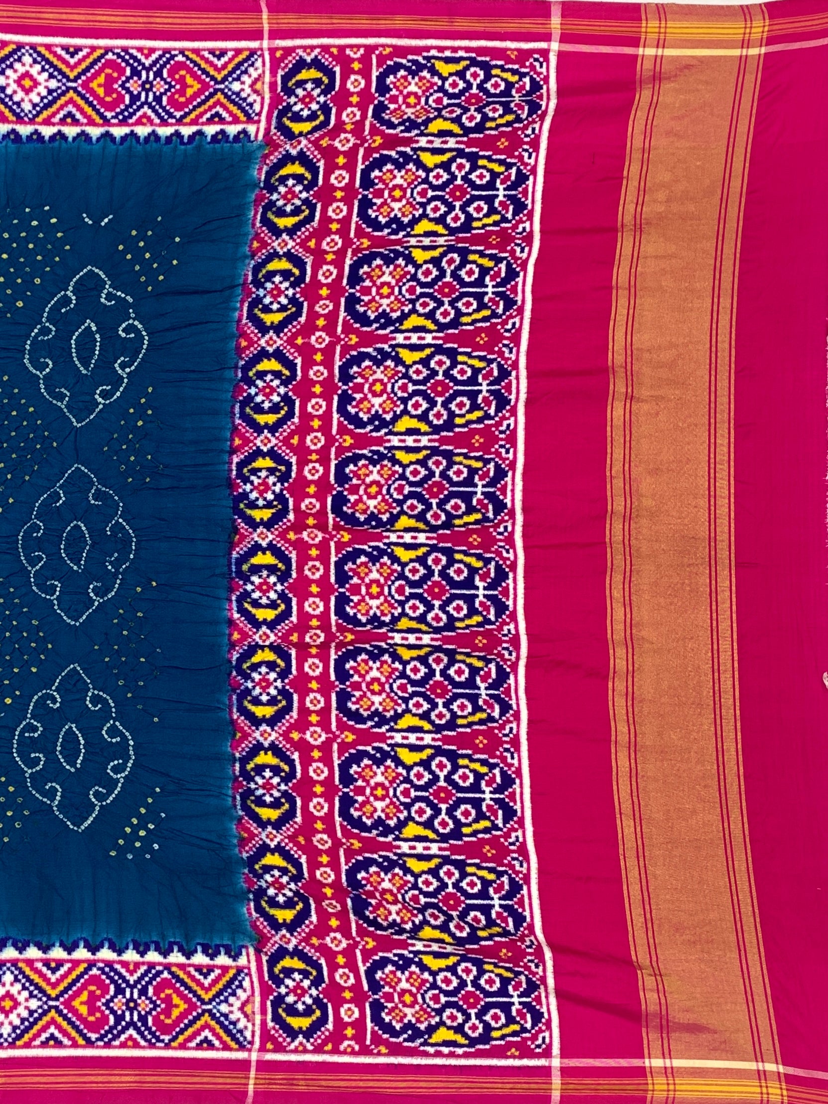 Splendid Peacock Blue & Rani Pink Patan Patola Bandhani Silk Saree