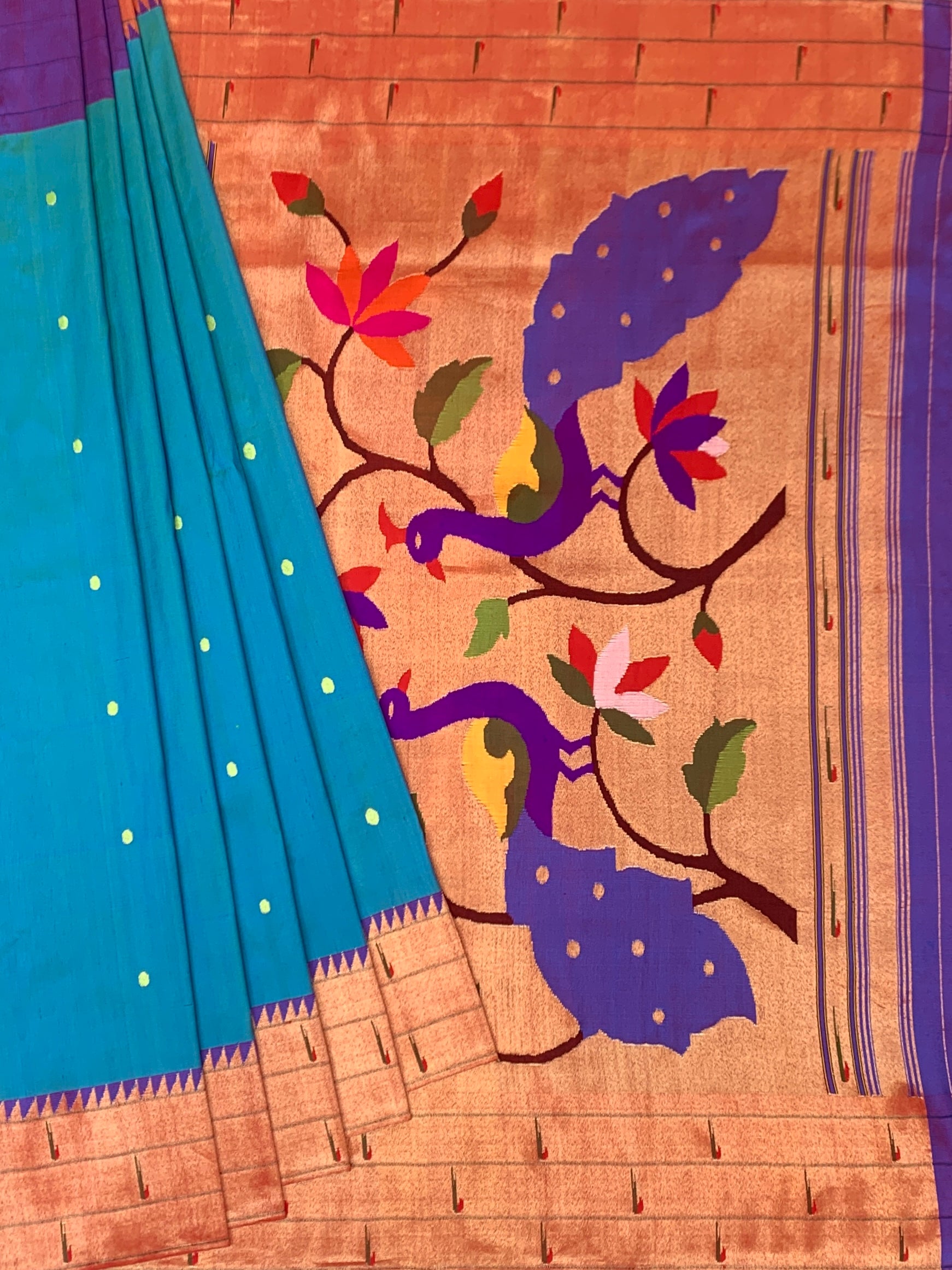 Luminous Turquoise Blue Paithani Silk Saree with Majestic Peacock Pallu