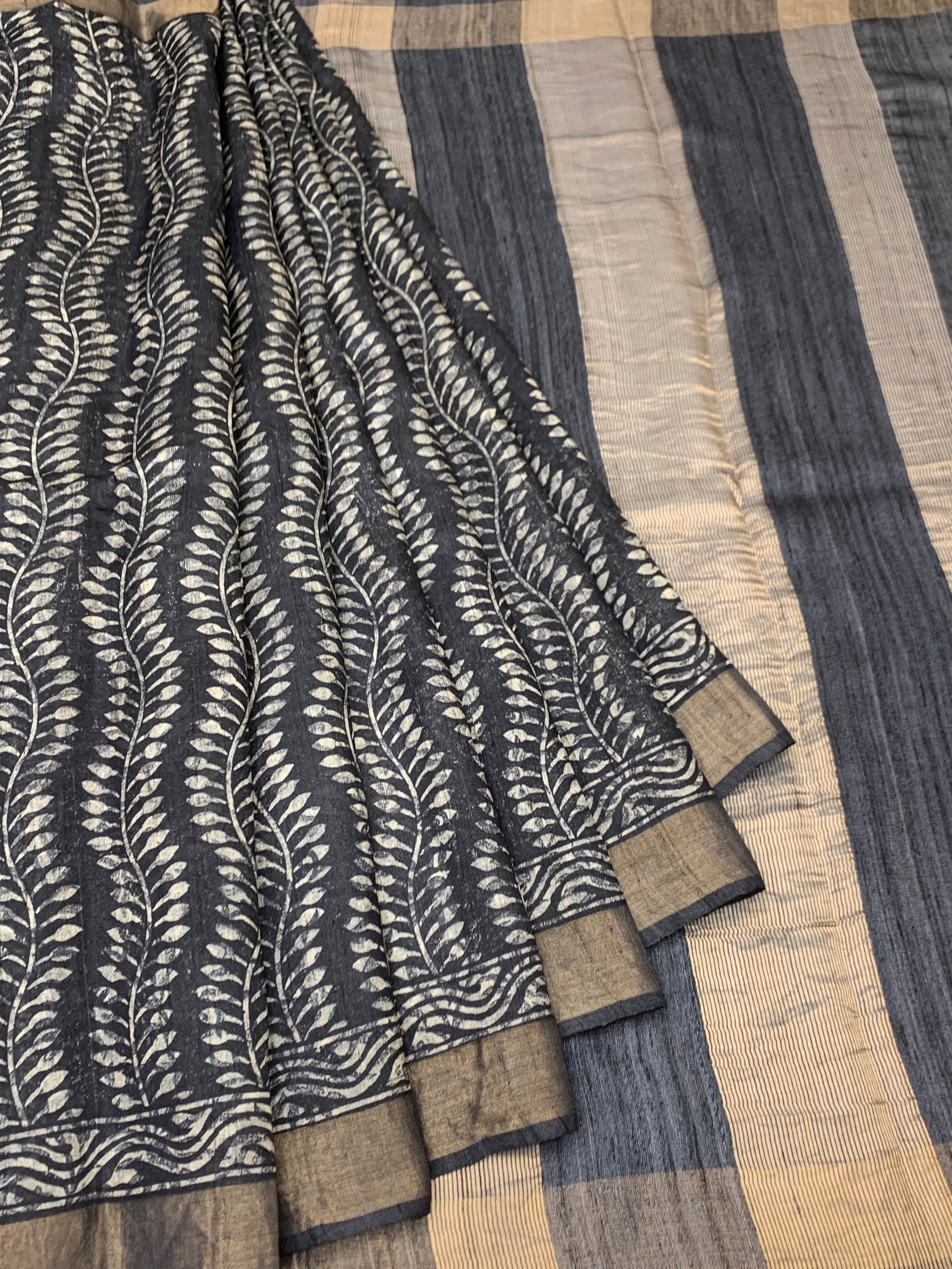 Charcoal Black Tussore Saree with Vine Block Prints