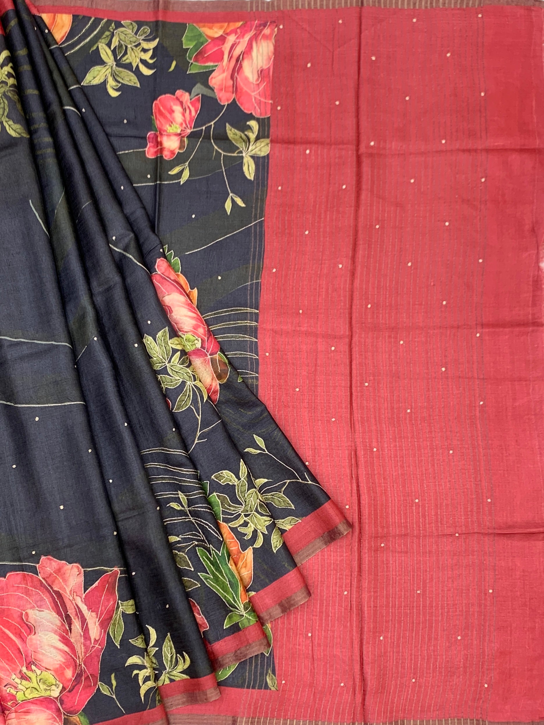 Midnight Bloom: Charcoal & Crimson Hand-Embroidered Tussar Silk Saree