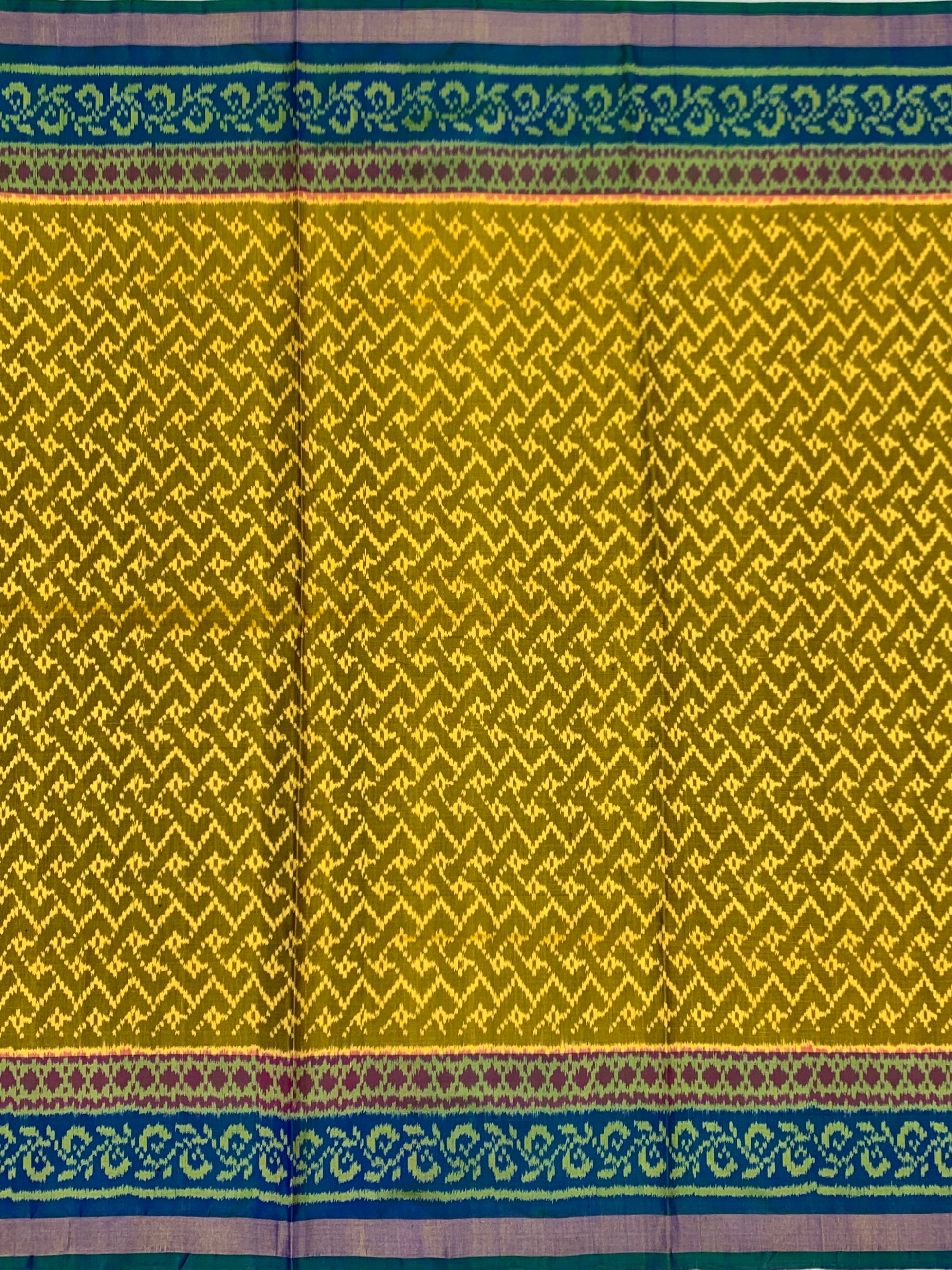 Golden Mustard & Royal Blue: Geometric Lattice Rajkot Patola Silk Saree