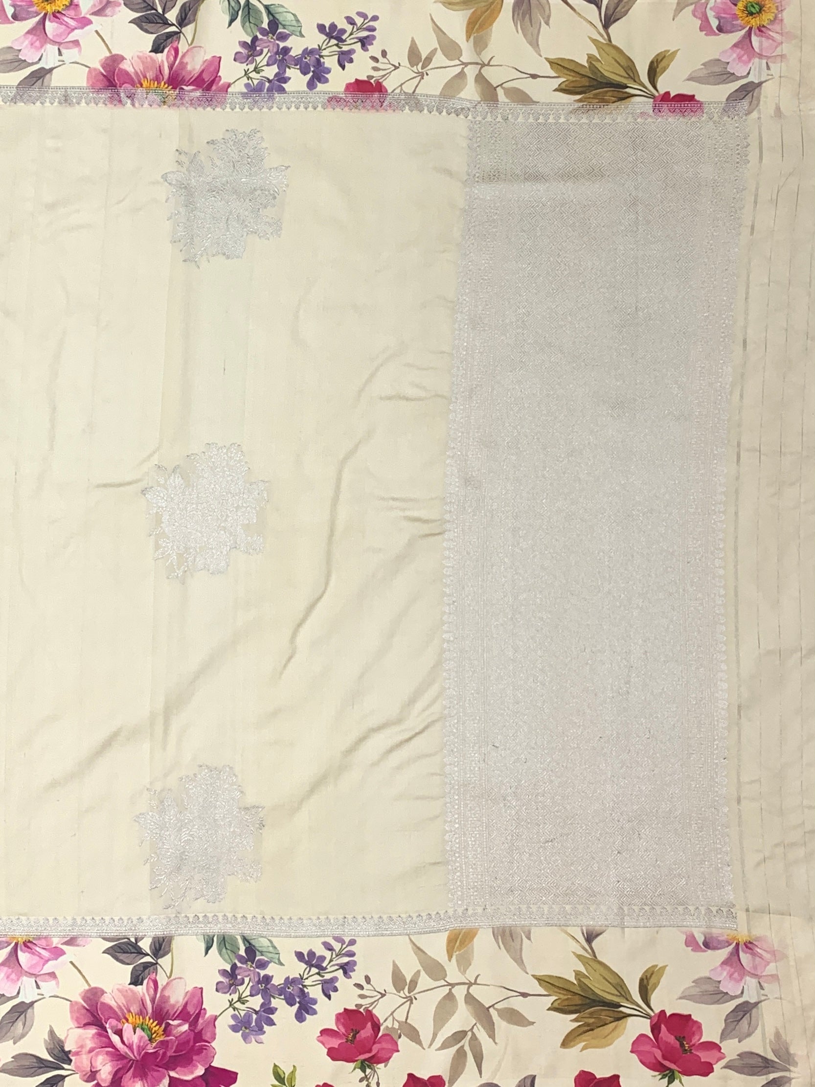 Ethereal Blooms: Ivory Tussar Silk Saree with Floral Print