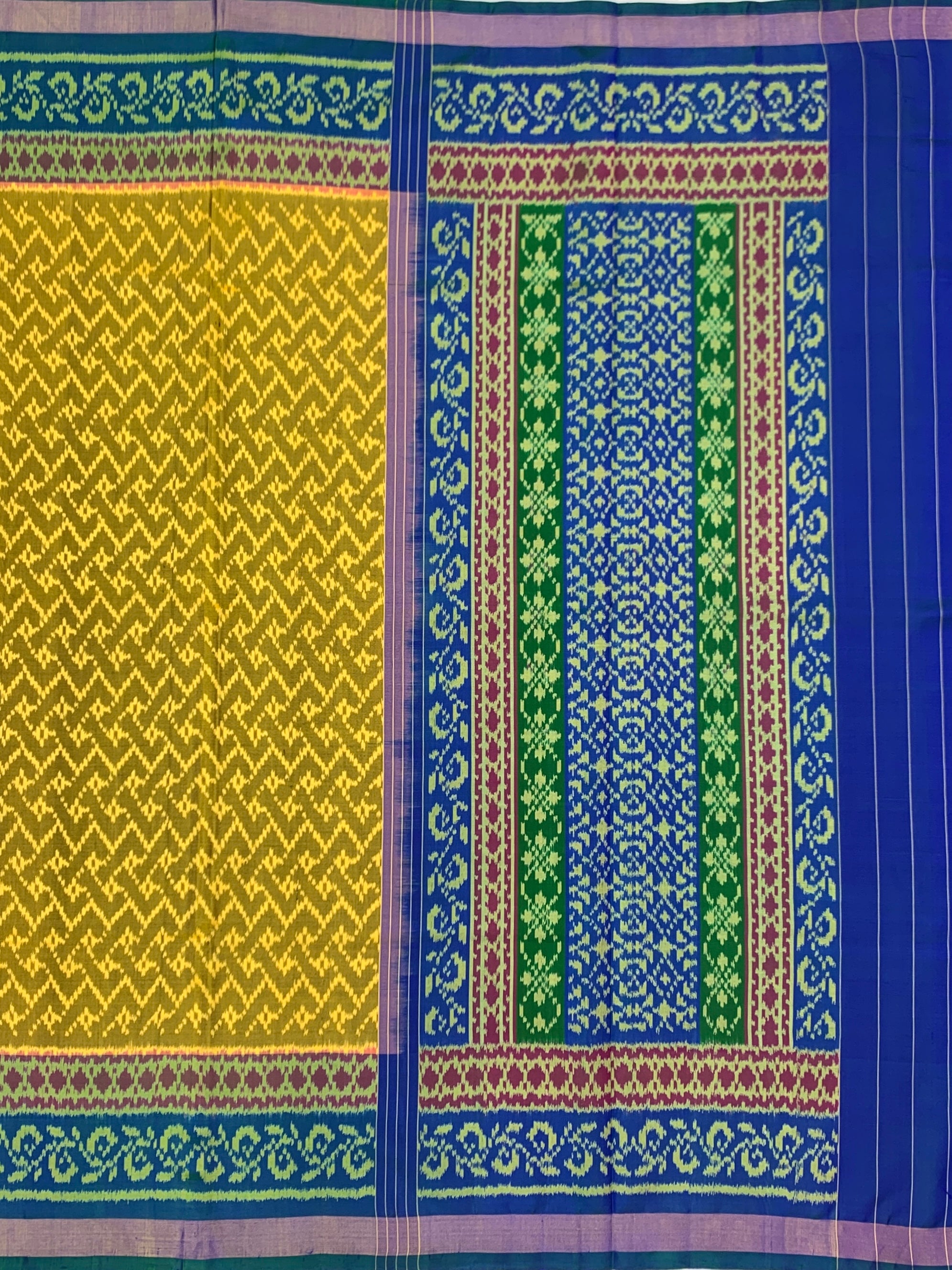 Golden Mustard & Royal Blue: Geometric Lattice Rajkot Patola Silk Saree