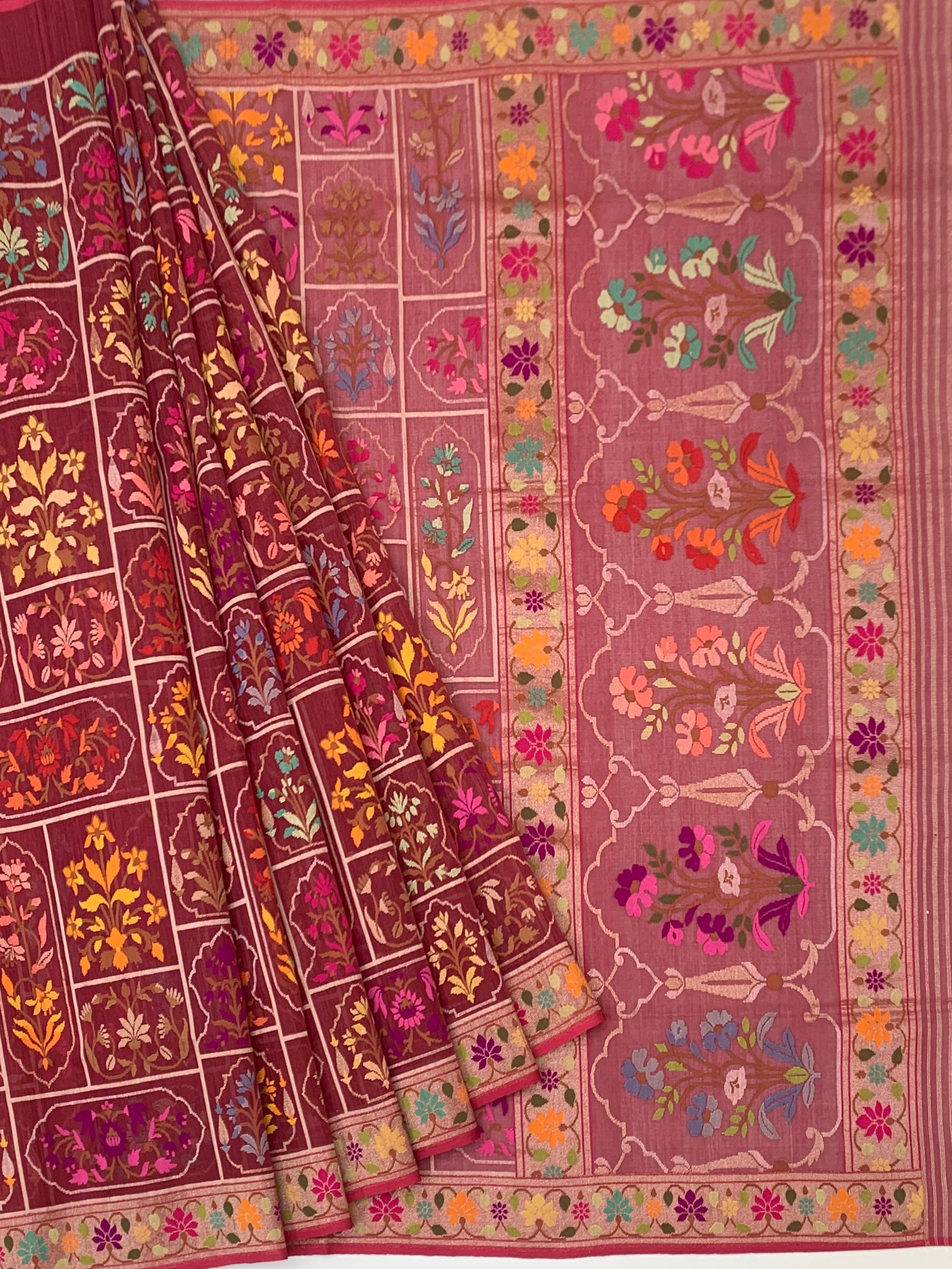 Deep Wine and Dusty Rose Cotton Jamdani Saree with Mughal Floral Grid