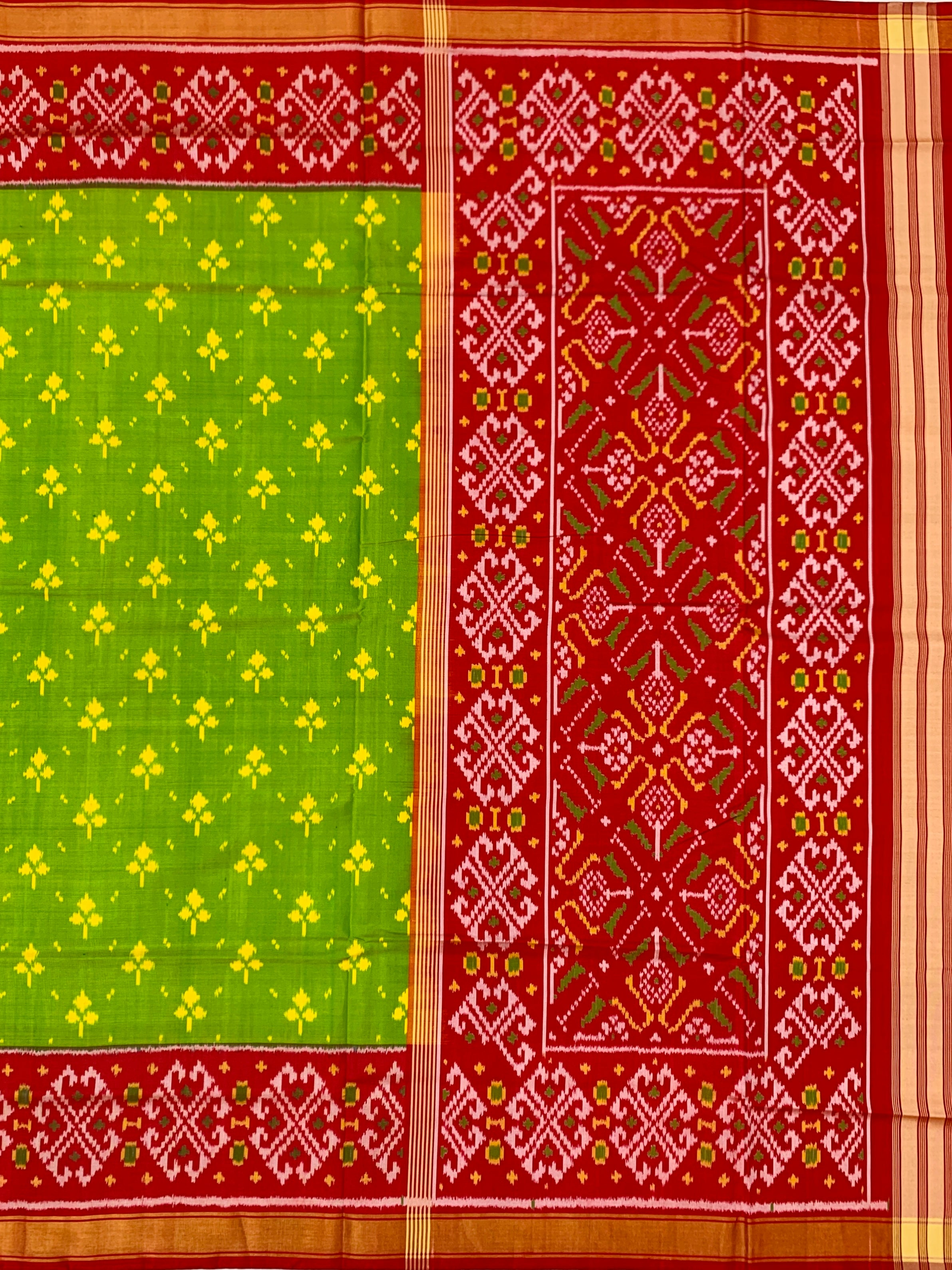 Vibrant Leaf Green and Crimson Red Rajkot Patola Silk Saree