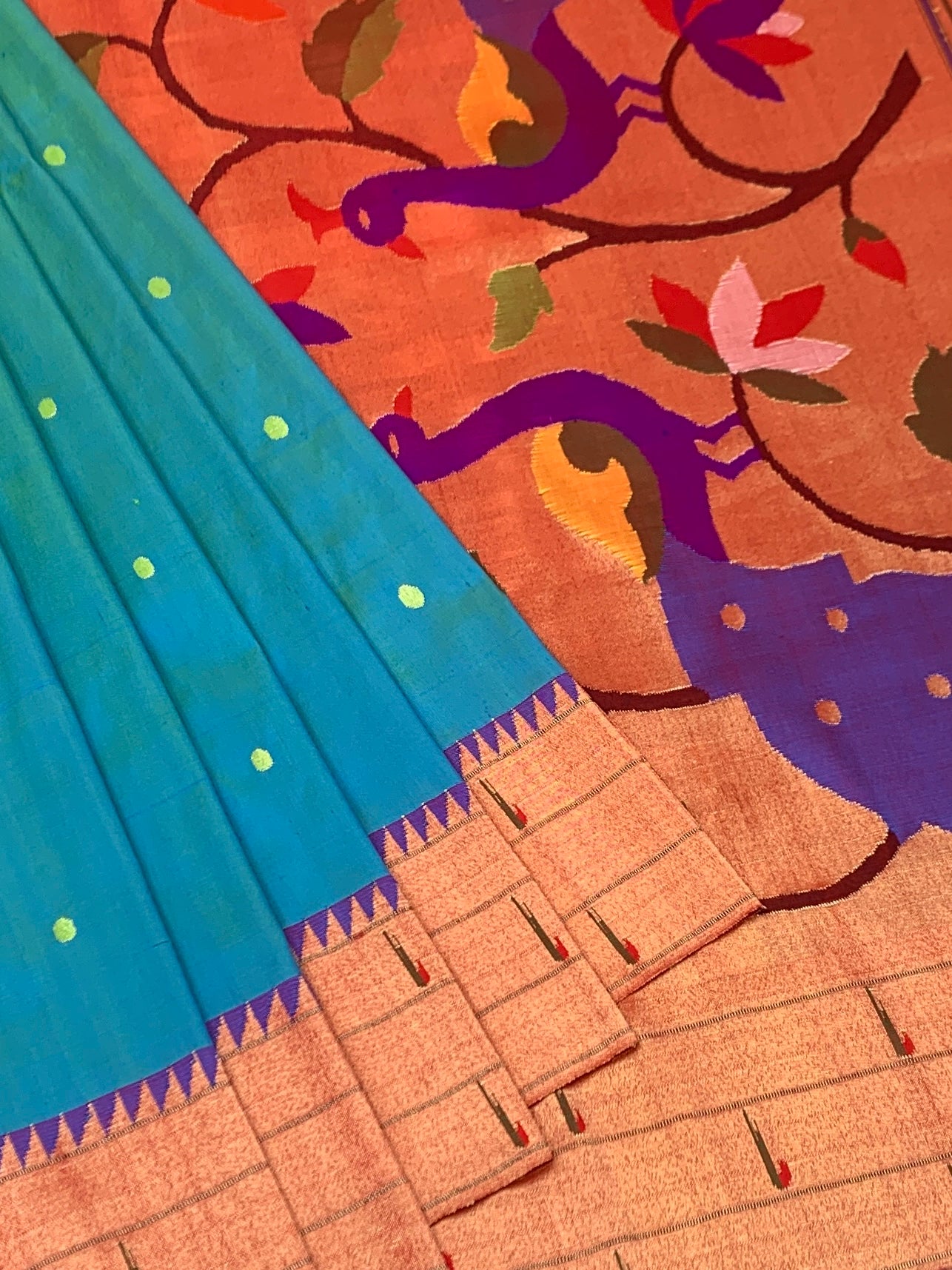 Luminous Turquoise Blue Paithani Silk Saree with Majestic Peacock Pallu