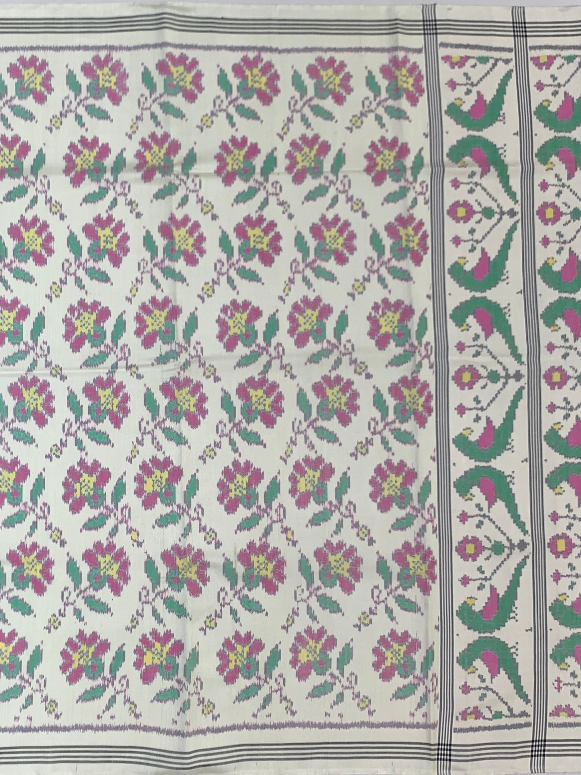 Pristine Ivory & Emerald 'Popat Bhat' Double Ikat Patan Patola Silk Saree