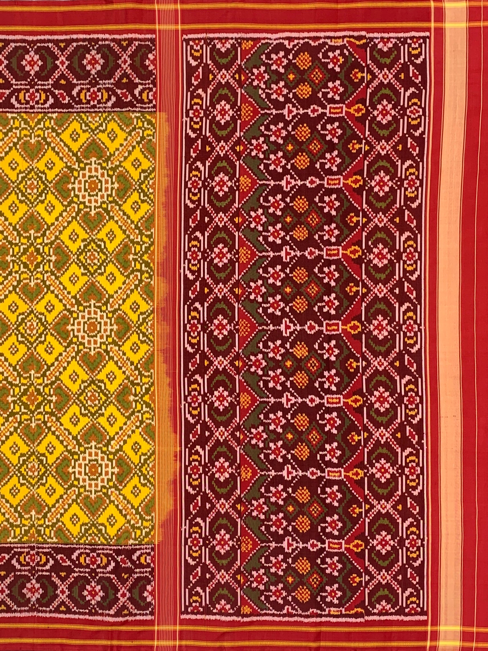 Radiant Heritage: Mustard Yellow and Maroon Traditional Patola Silk Saree