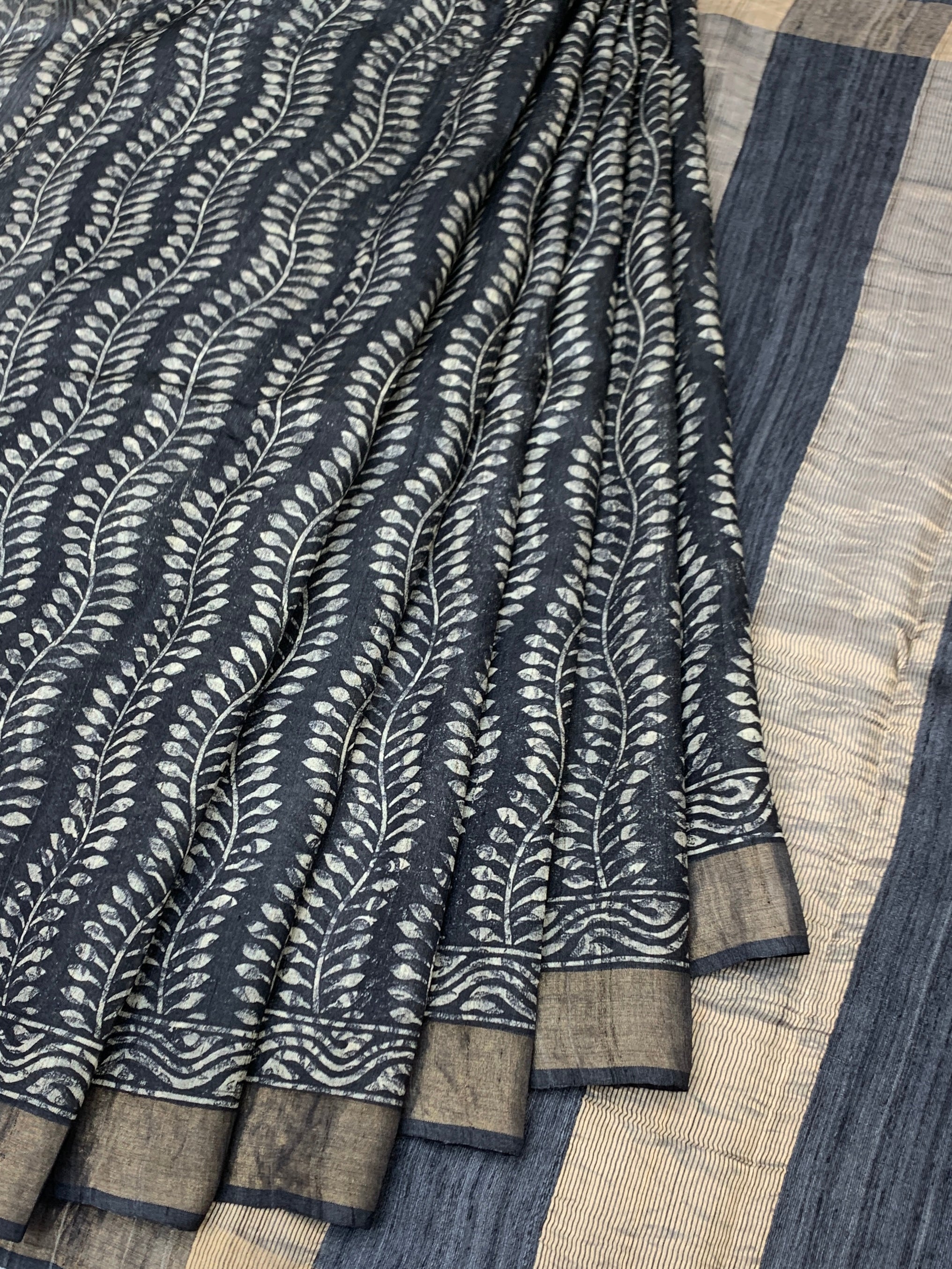 Charcoal Black Tussore Saree with Vine Block Prints