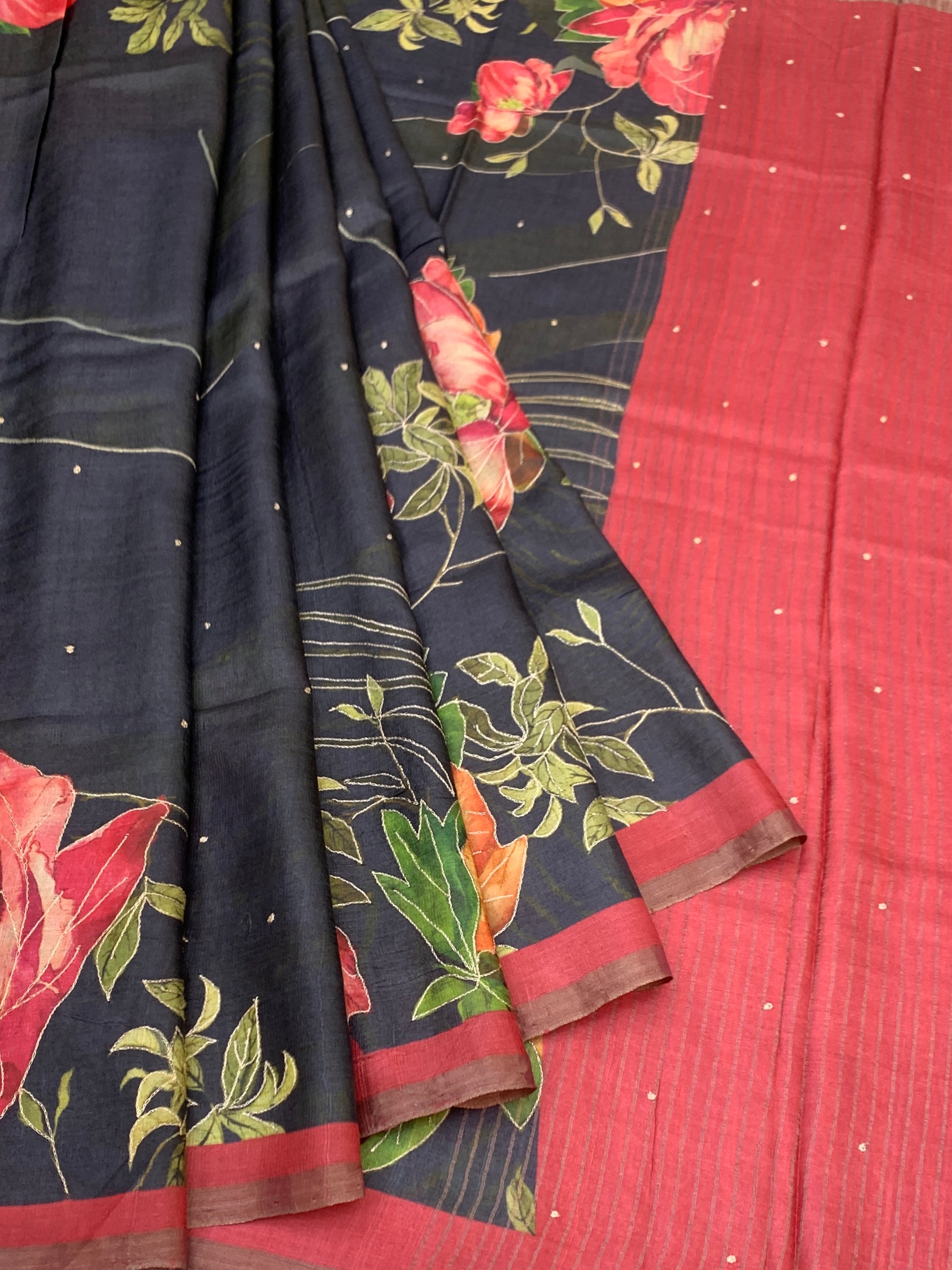 Midnight Bloom: Charcoal & Crimson Hand-Embroidered Tussar Silk Saree