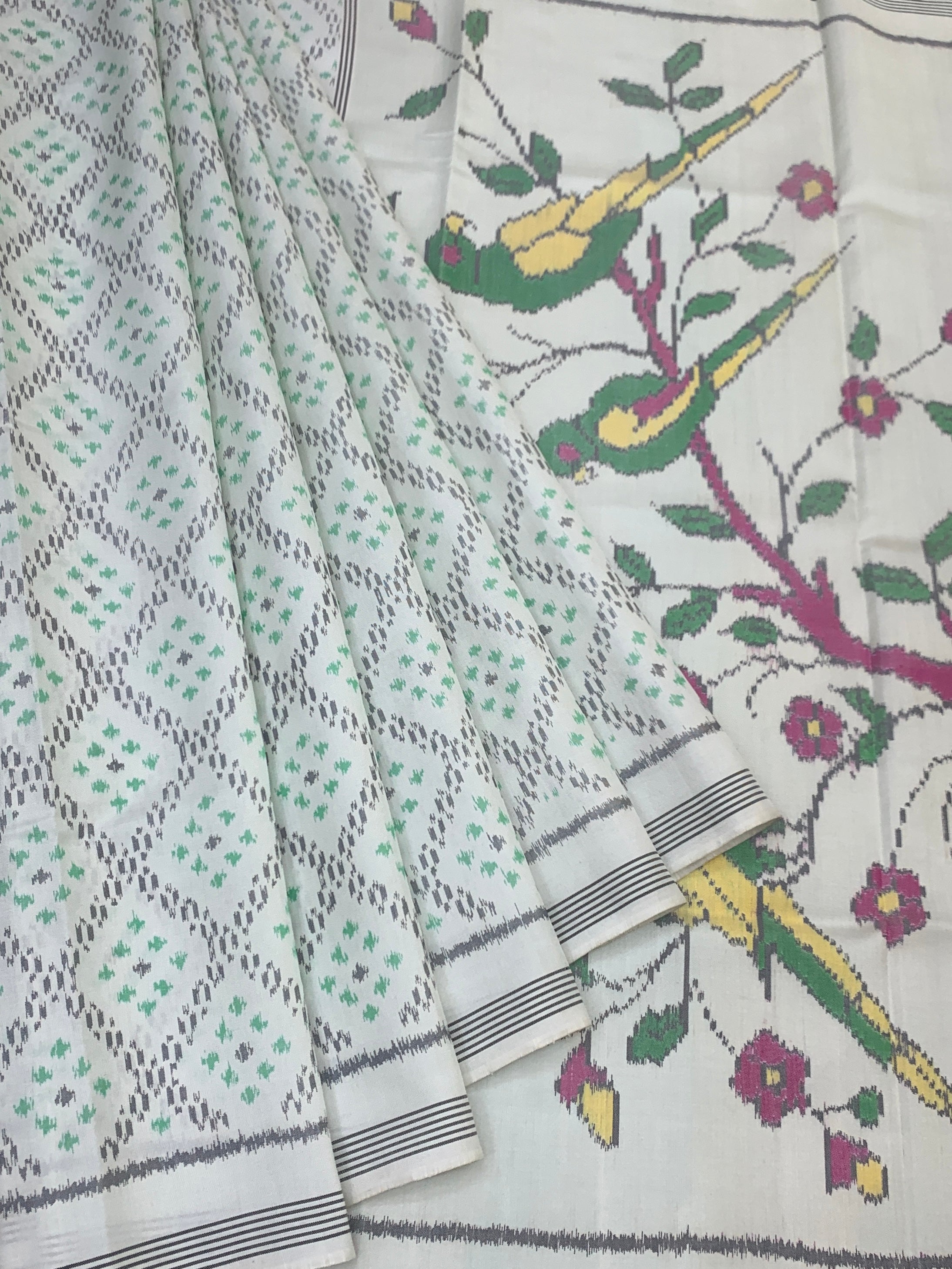 Ivory Handwoven Patola Saree with Vibrant Popat (Parrot) Pallu