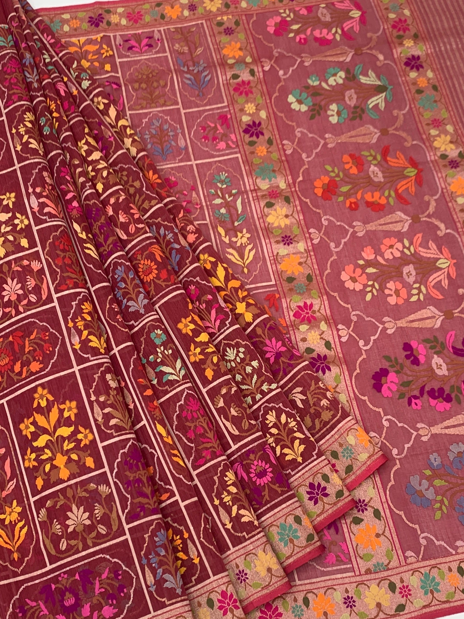 Deep Wine and Dusty Rose Cotton Jamdani Saree with Mughal Floral Grid