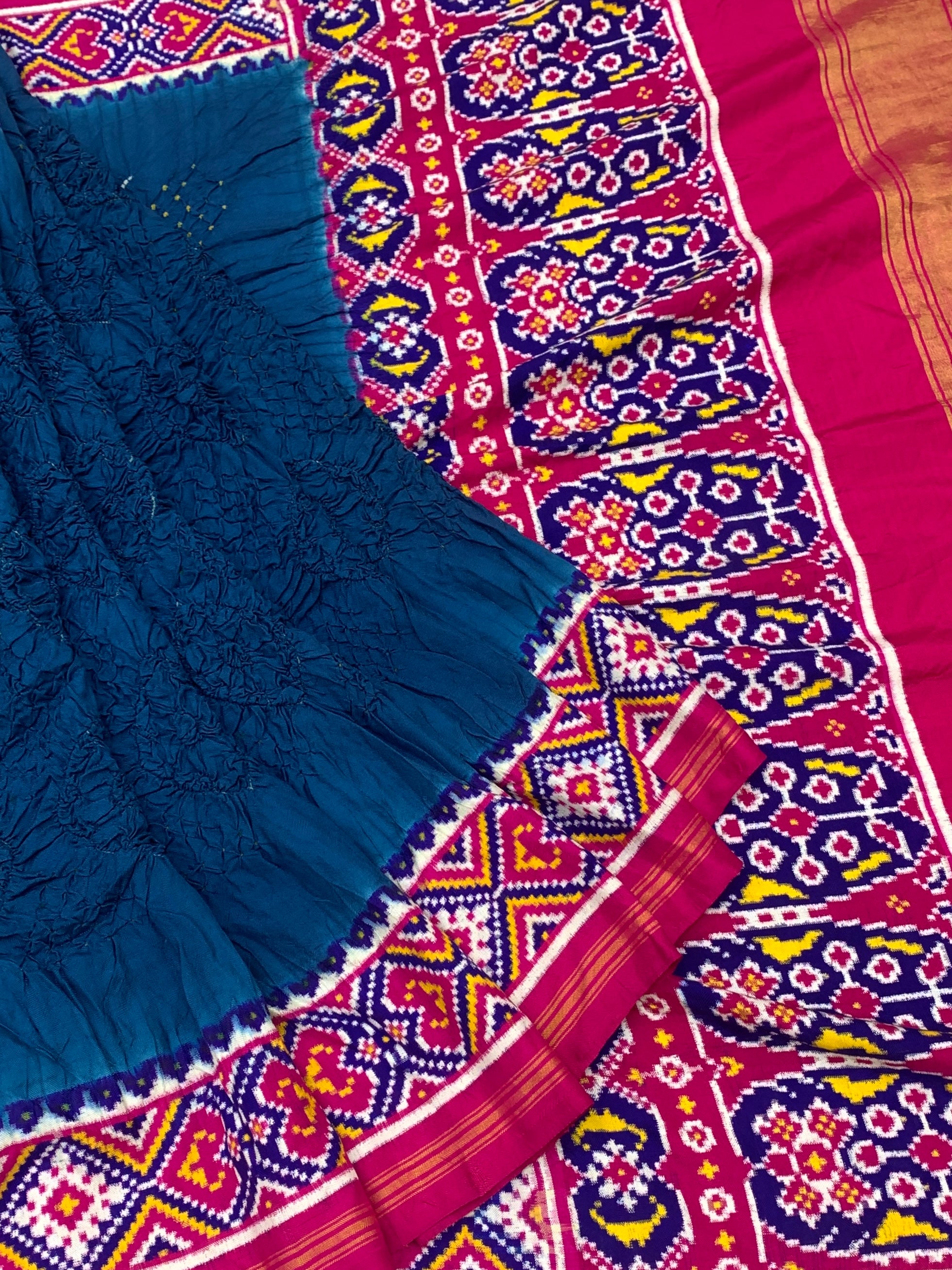Splendid Peacock Blue & Rani Pink Patan Patola Bandhani Silk Saree