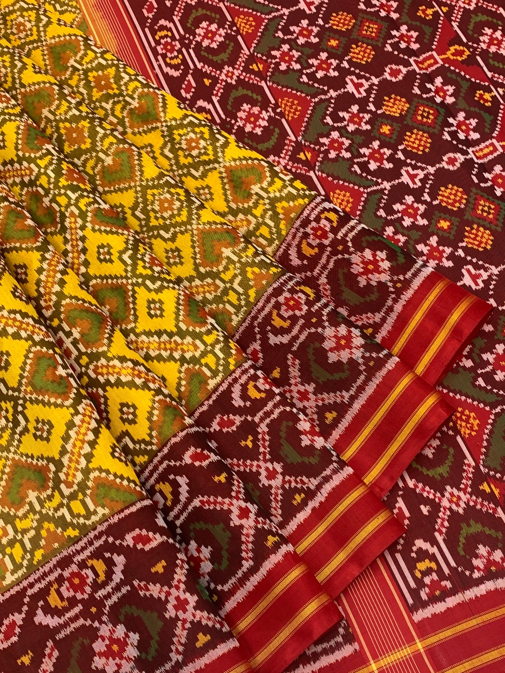 Radiant Heritage: Mustard Yellow and Maroon Traditional Patola Silk Saree