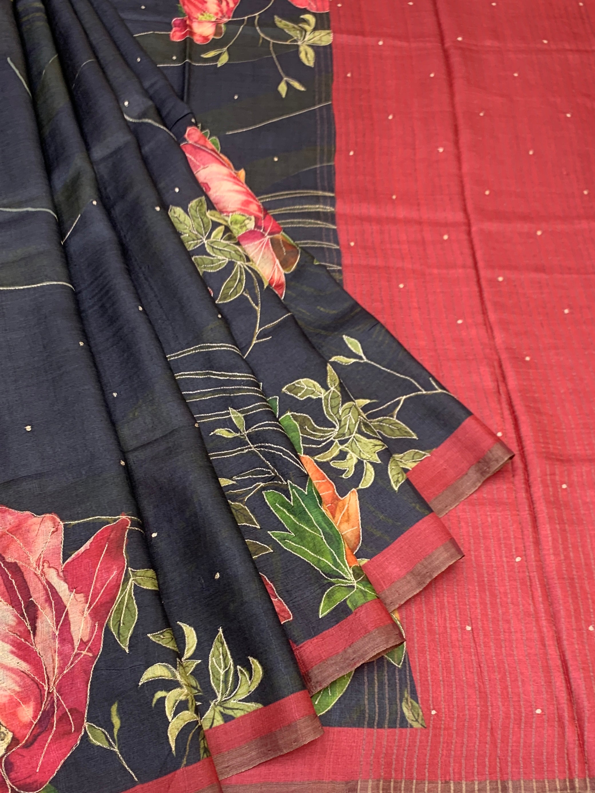 Midnight Bloom: Charcoal & Crimson Hand-Embroidered Tussar Silk Saree