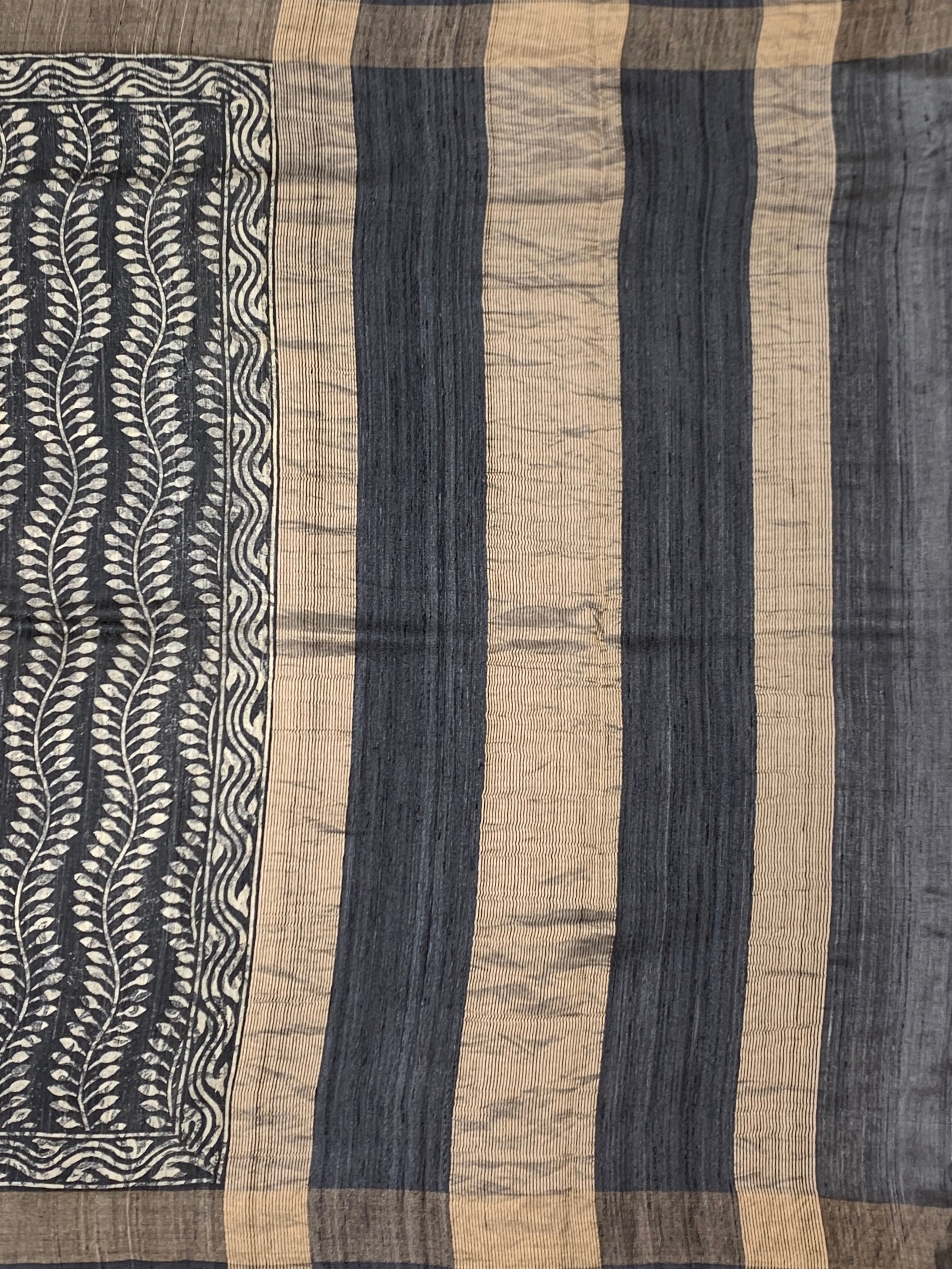 Charcoal Black Tussore Saree with Vine Block Prints