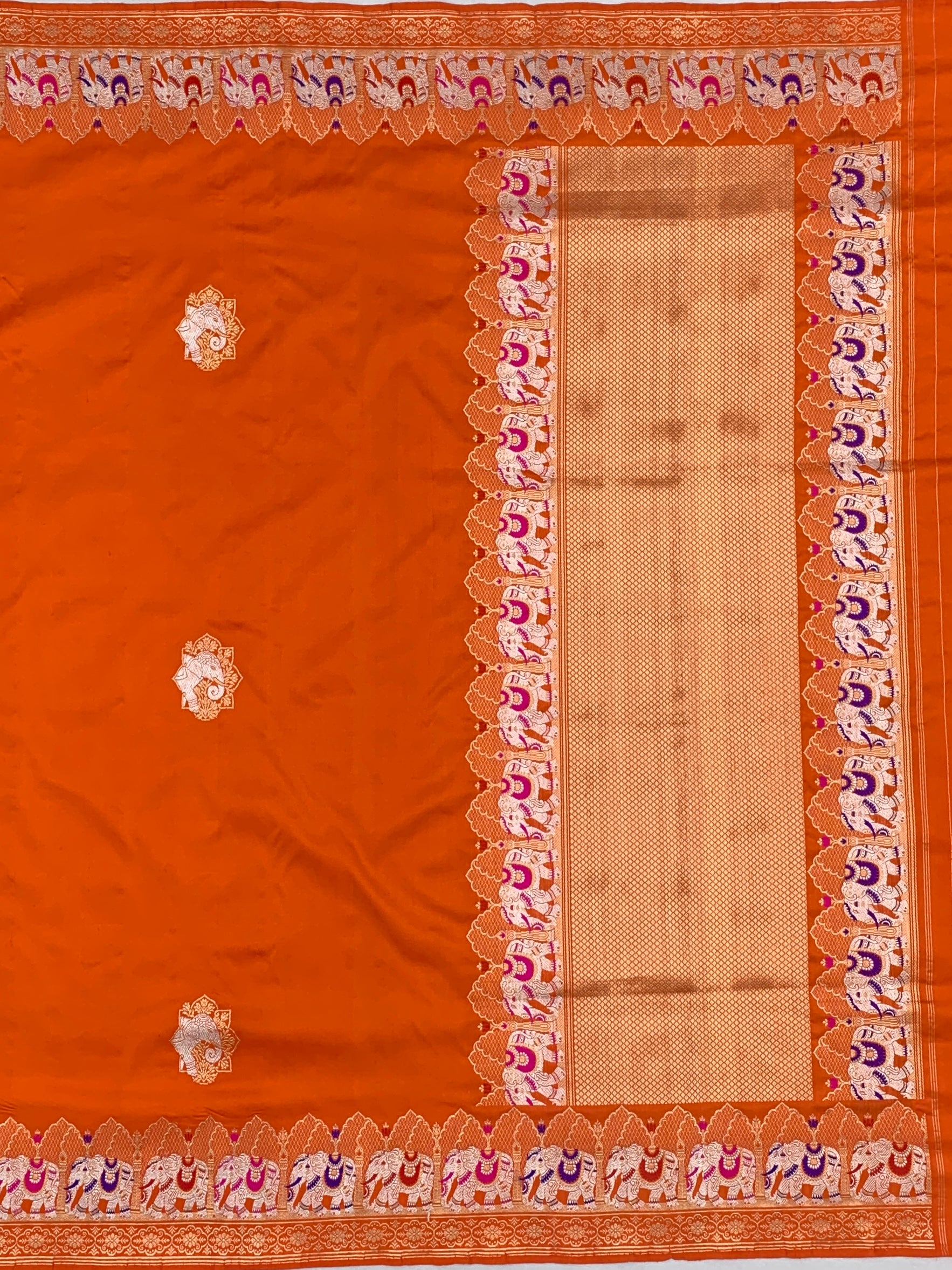 Exotic Tangerine Orange Banarasi Silk Saree with Elephant Motif Border