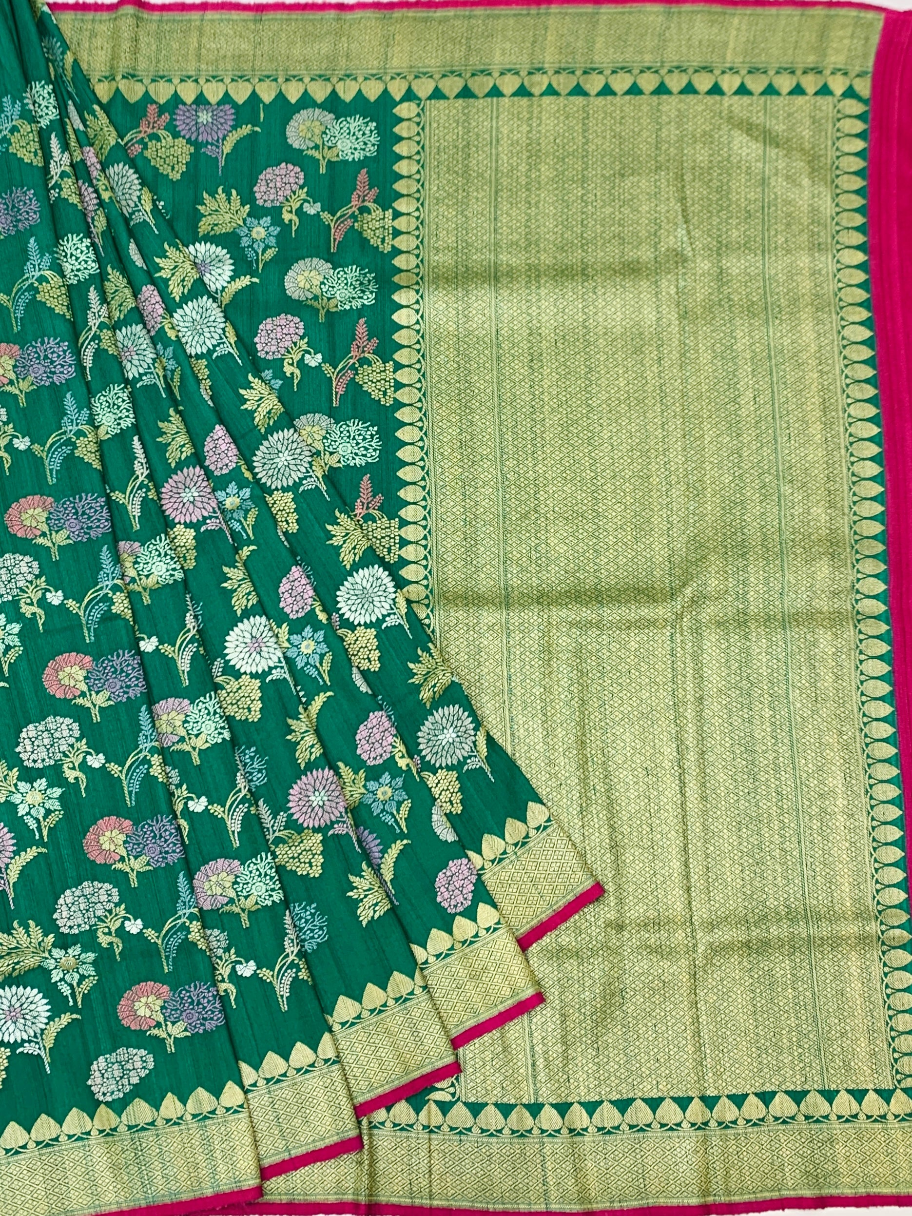 Emerald Green Tussore Georgette Saree with Meenakari Florals and Rani Pink Blouse