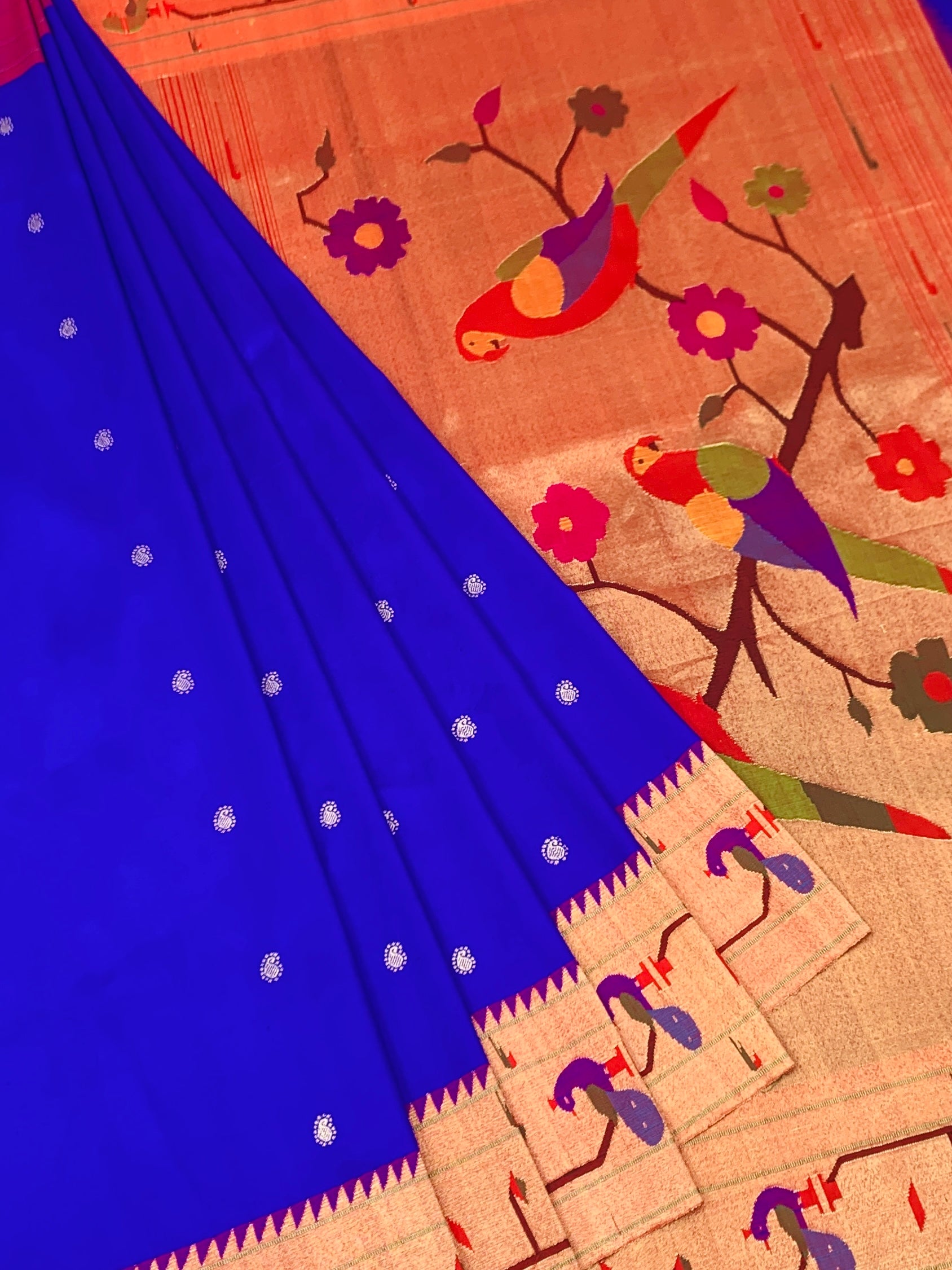 Majestic Royal Blue Paithani Silk Saree with Vibrant Parrot Pallu