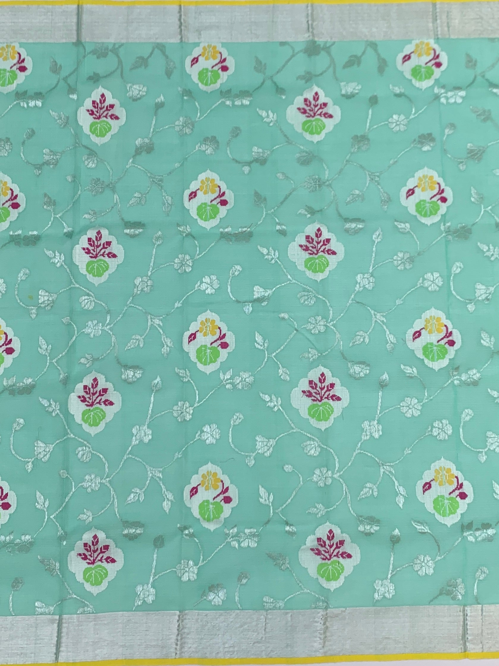 Sea Green Zari Kota Floral Saree with Contrast Sunshine Yellow Blouse