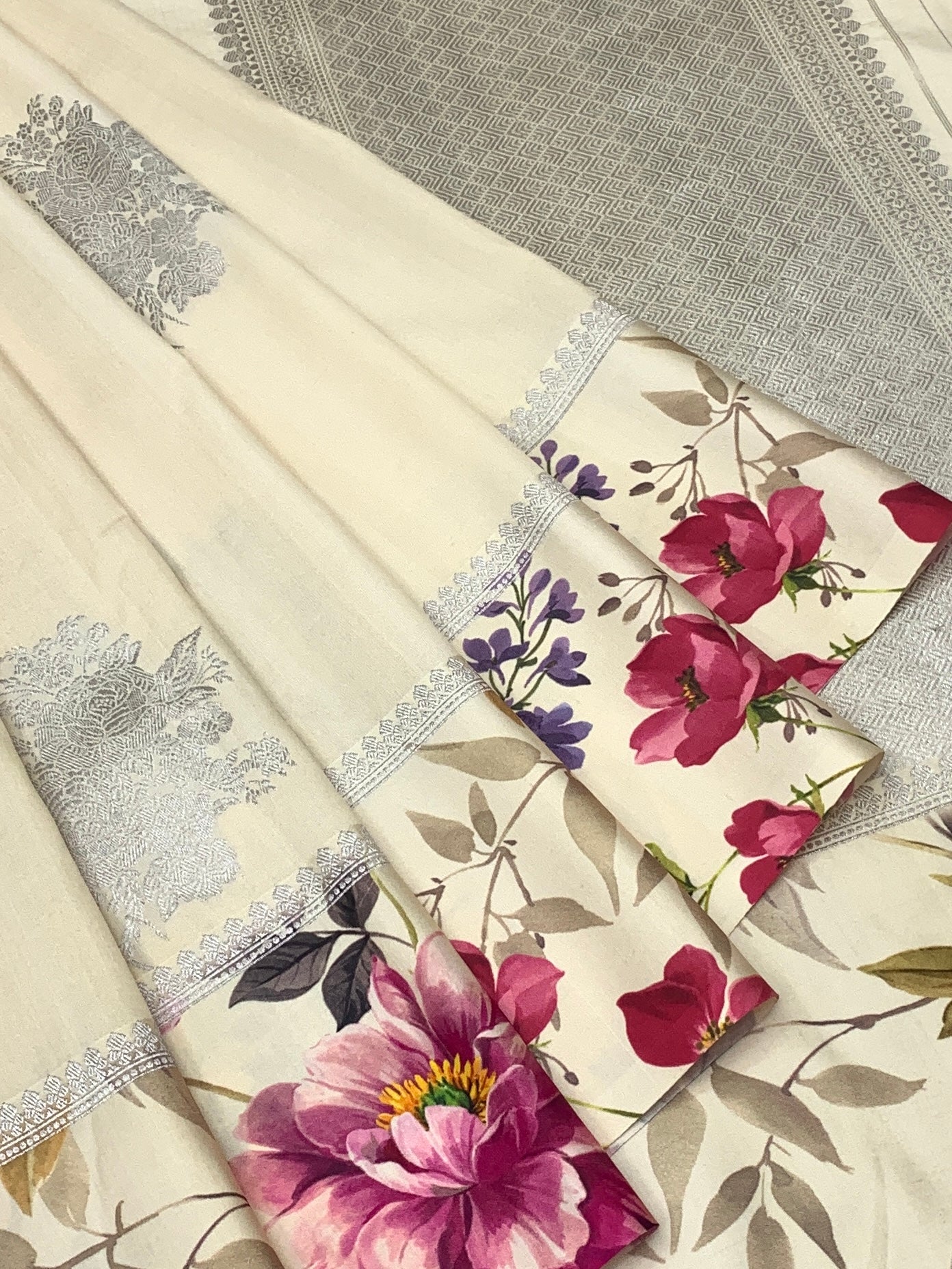 Ethereal Blooms: Ivory Tussar Silk Saree with Floral Print