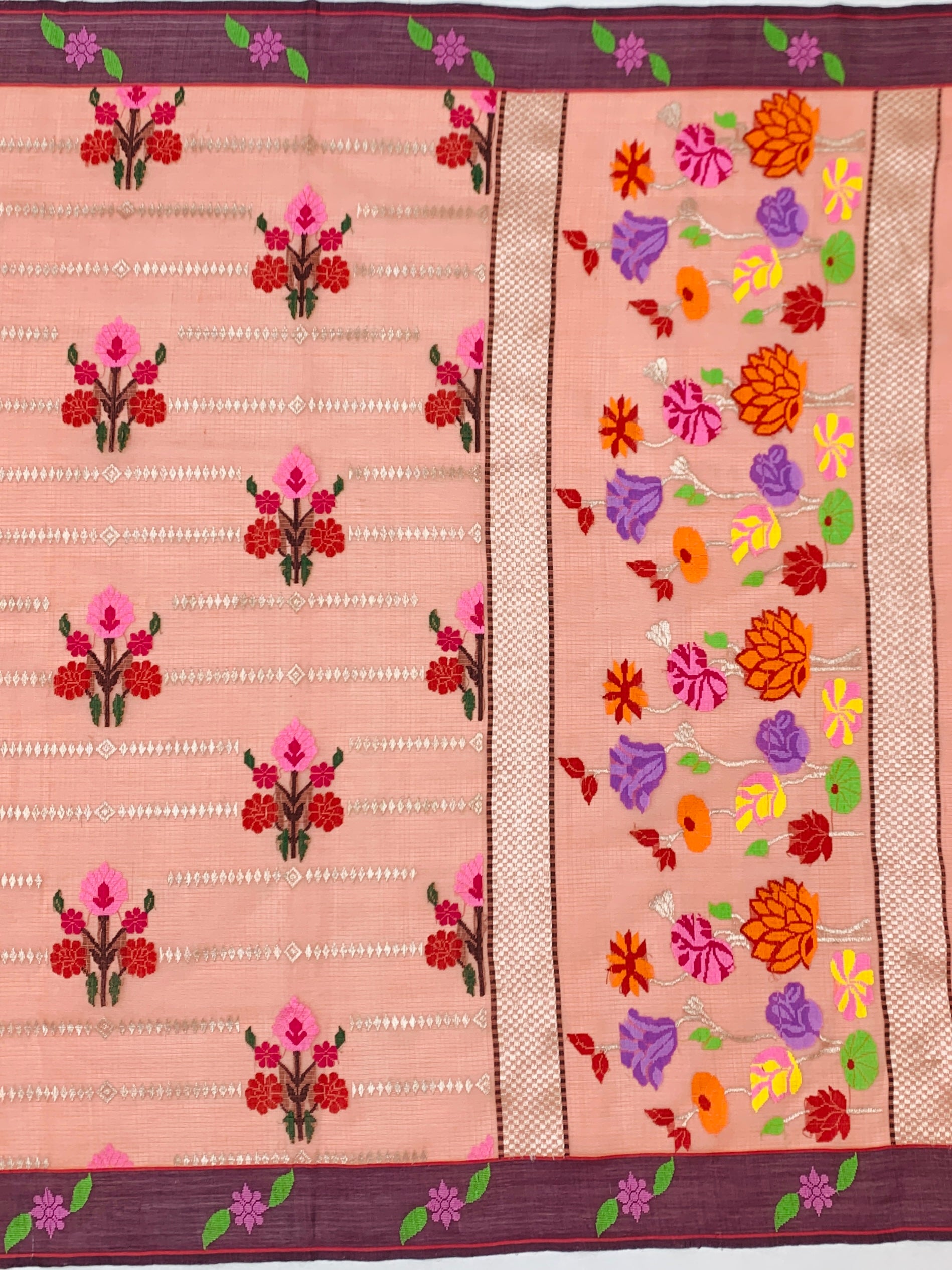 Radiant Peach Zari Kota Saree with Vibrant Floral Weaves