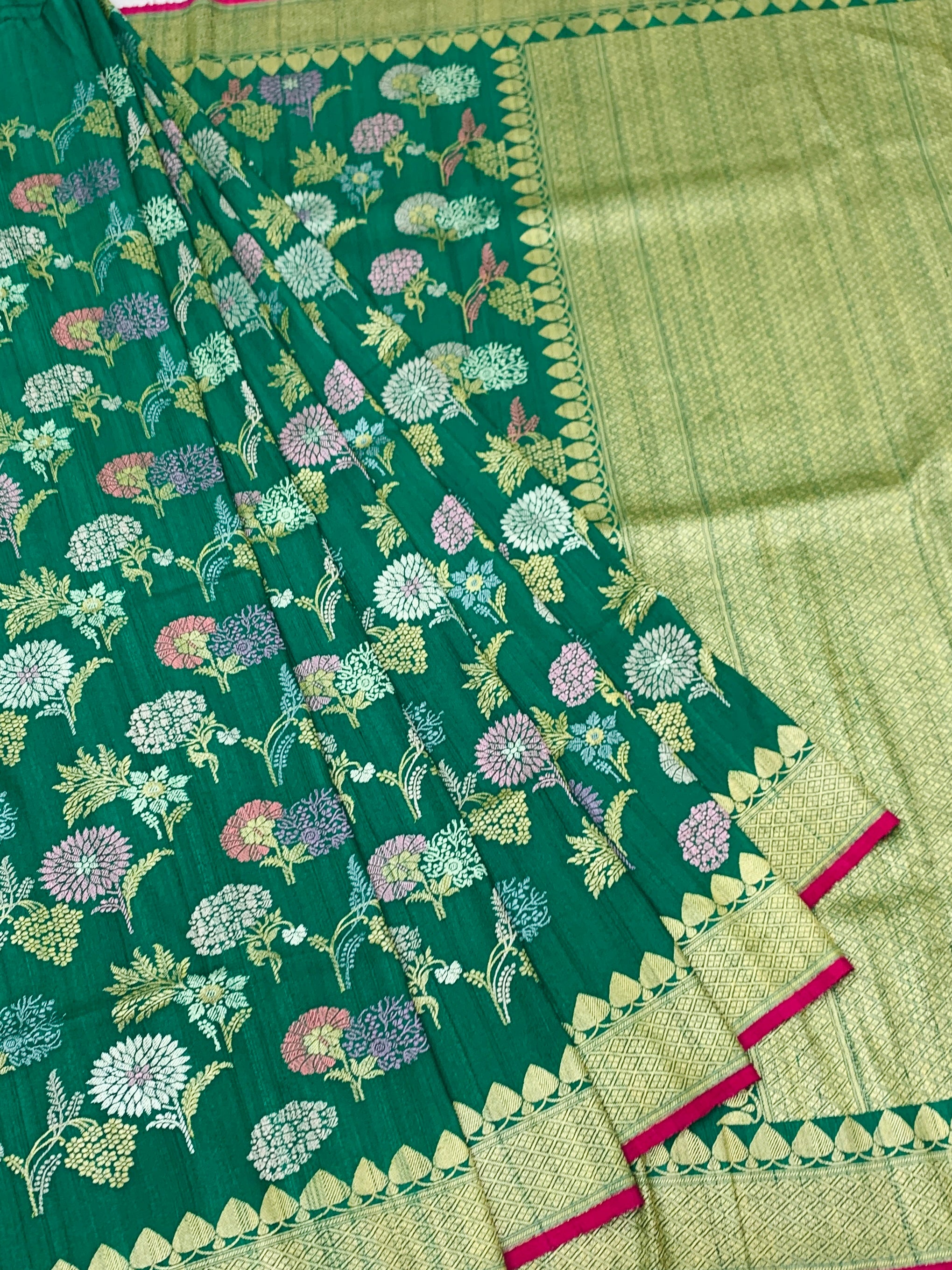 Emerald Green Tussore Georgette Saree with Meenakari Florals and Rani Pink Blouse
