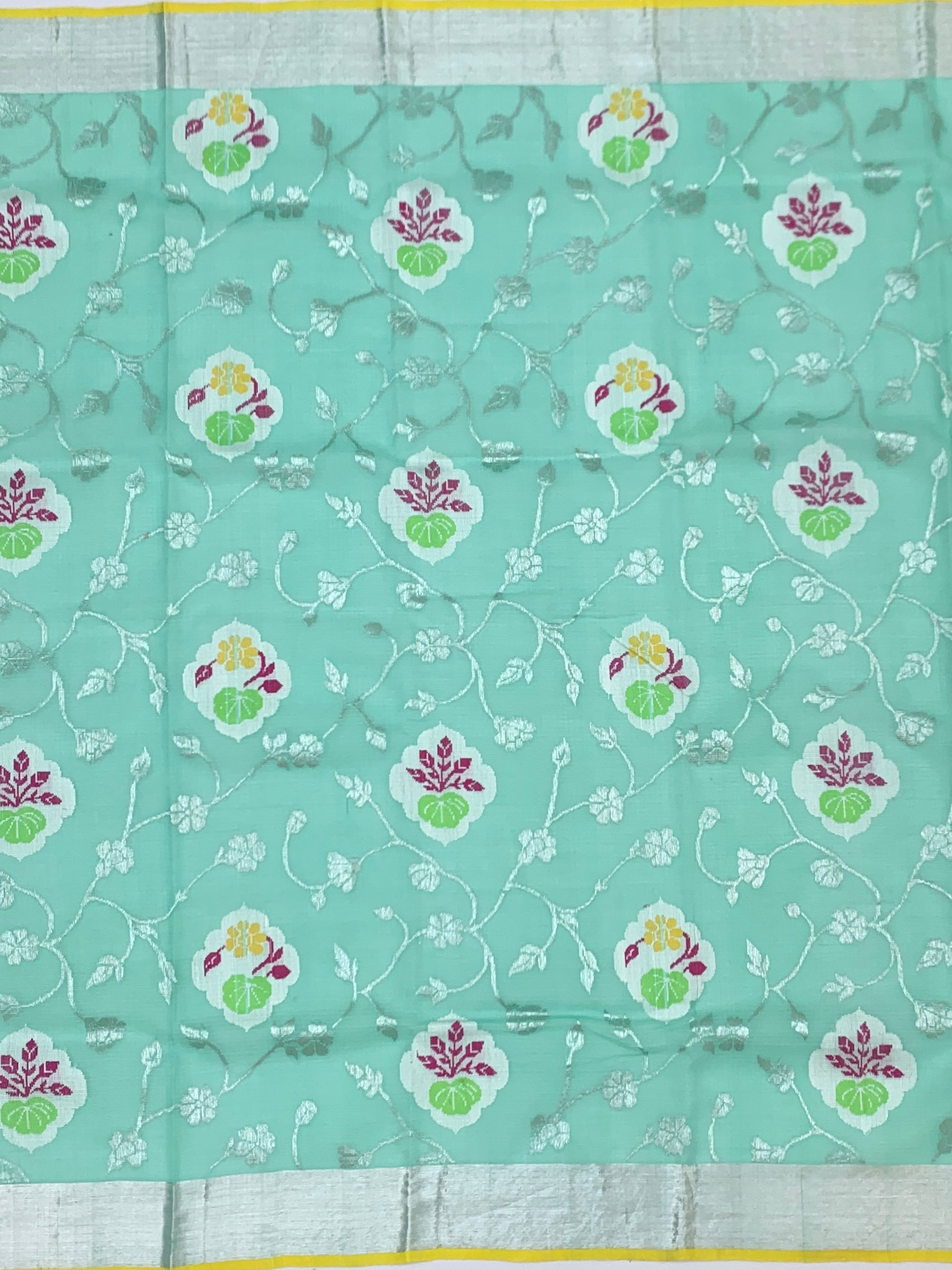 Sea Green Zari Kota Floral Saree with Contrast Sunshine Yellow Blouse