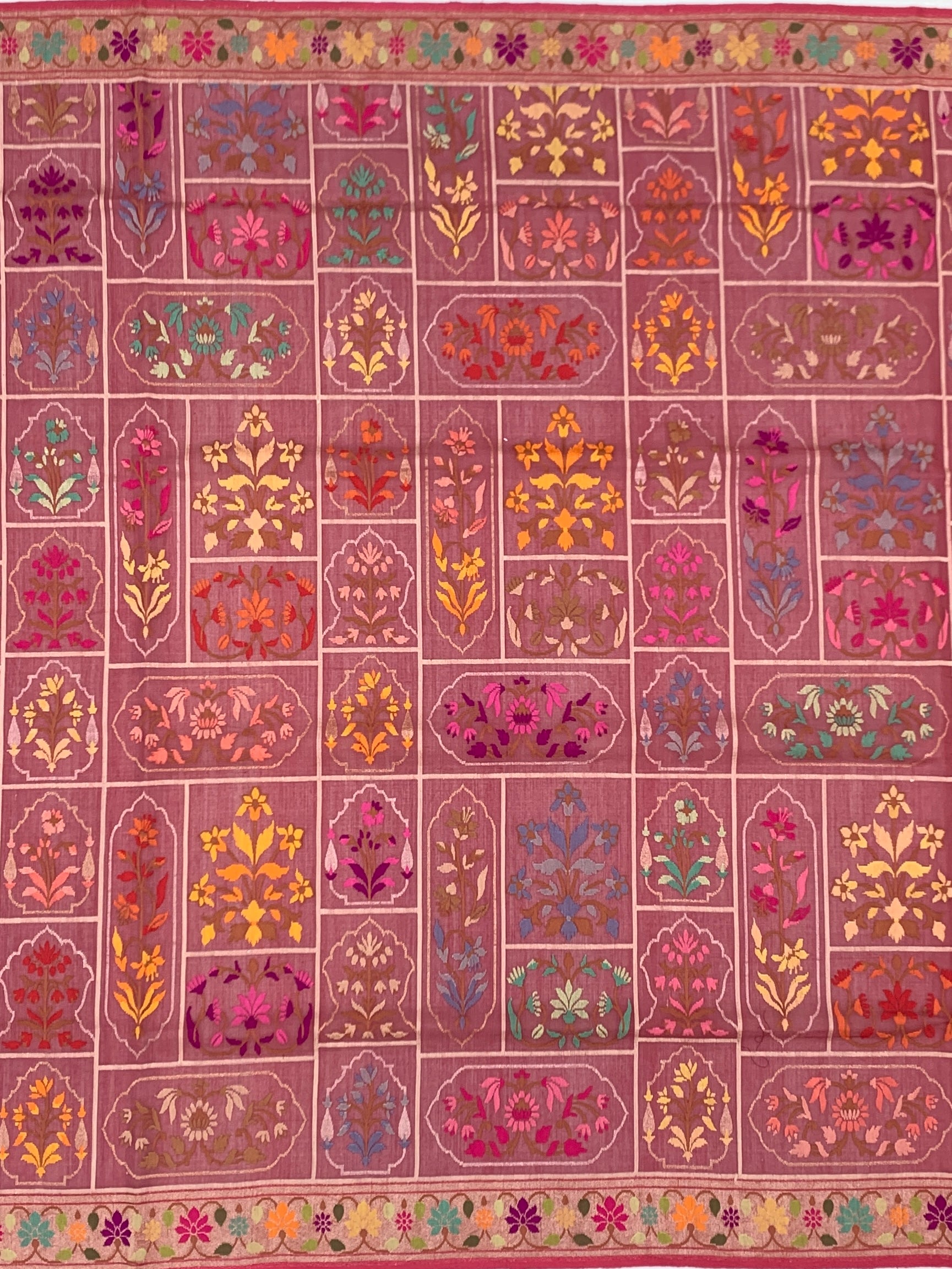 Deep Wine and Dusty Rose Cotton Jamdani Saree with Mughal Floral Grid