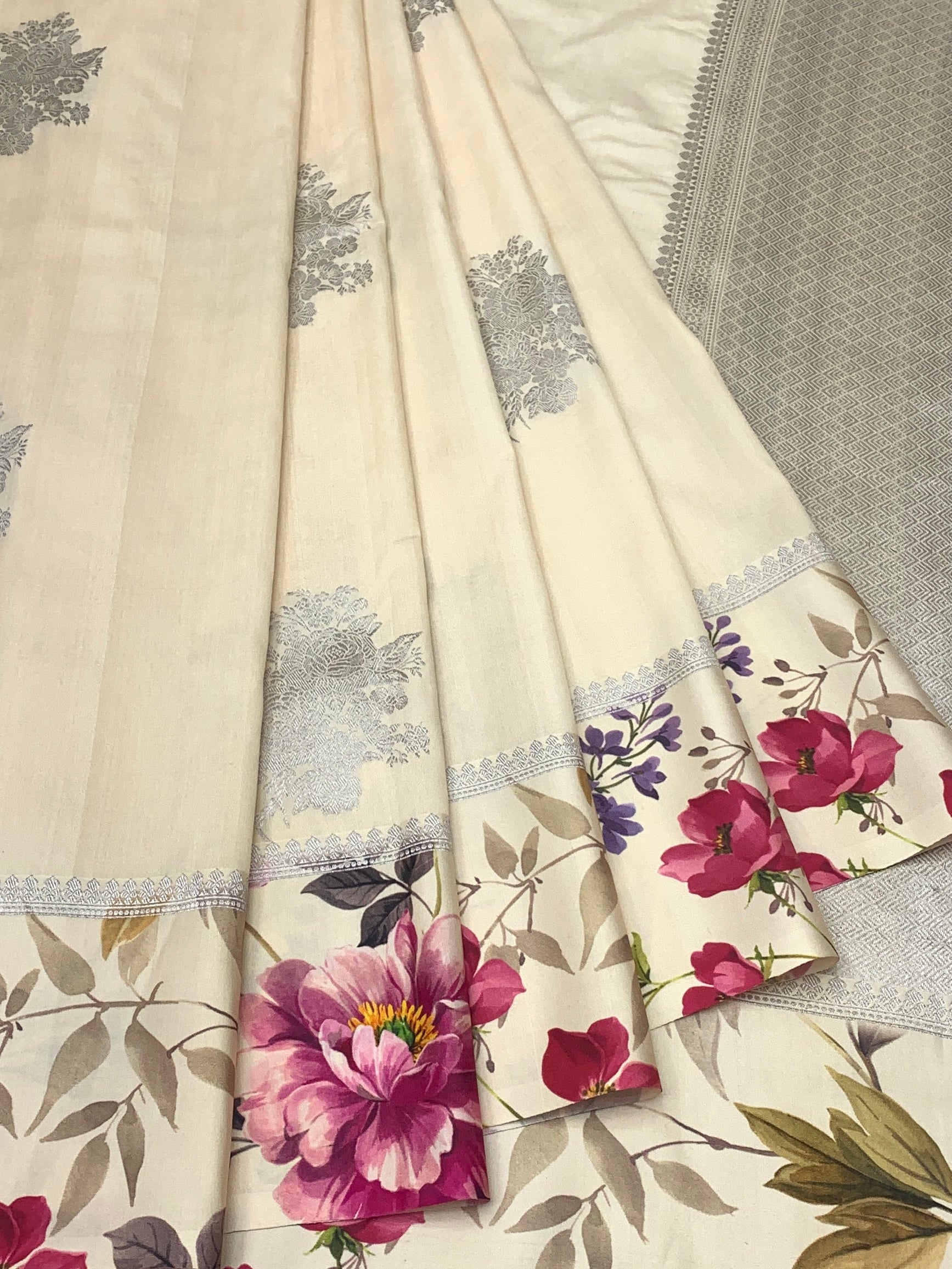 Ethereal Blooms: Ivory Tussar Silk Saree with Floral Print