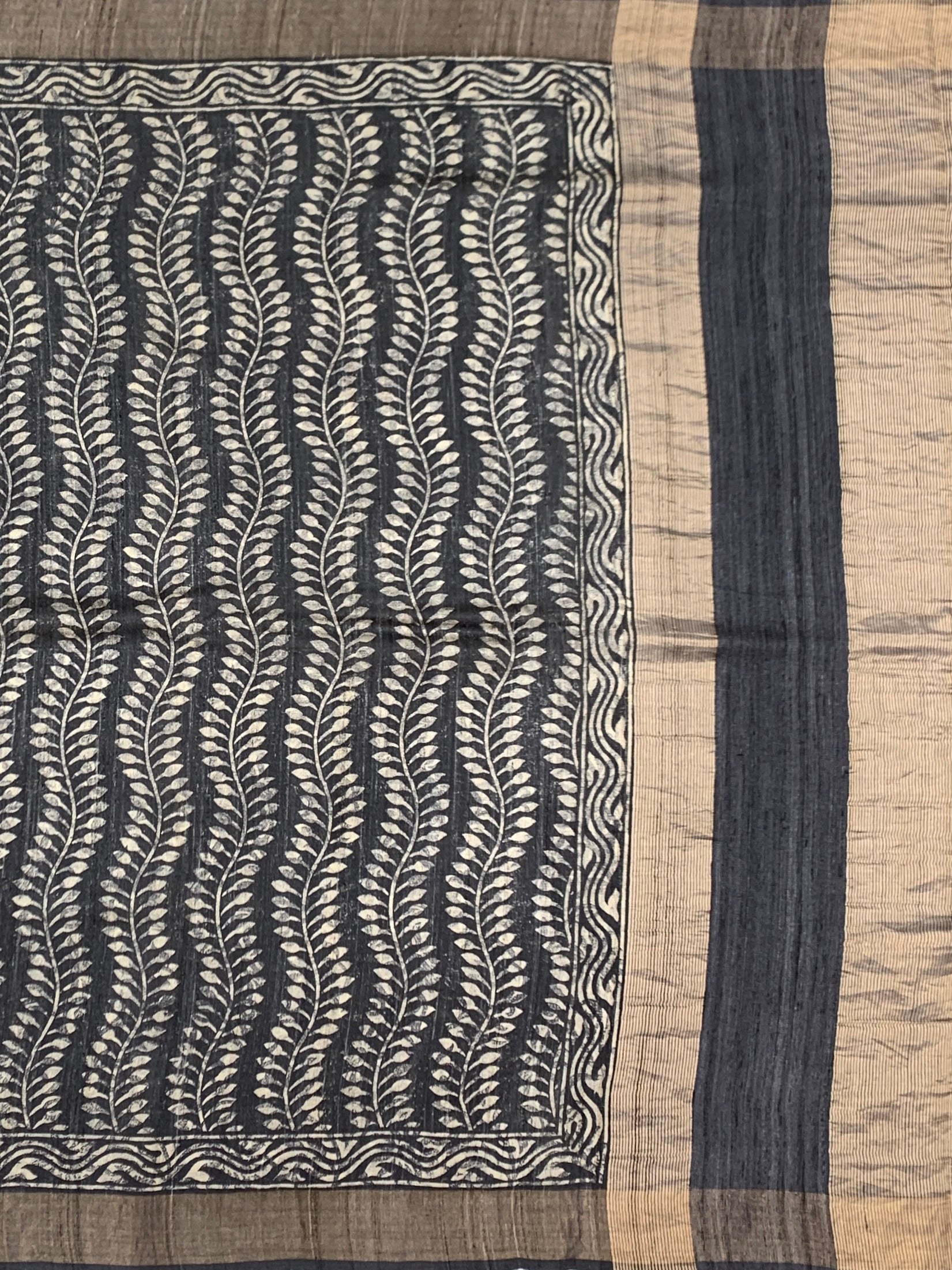 Charcoal Black Tussore Saree with Vine Block Prints