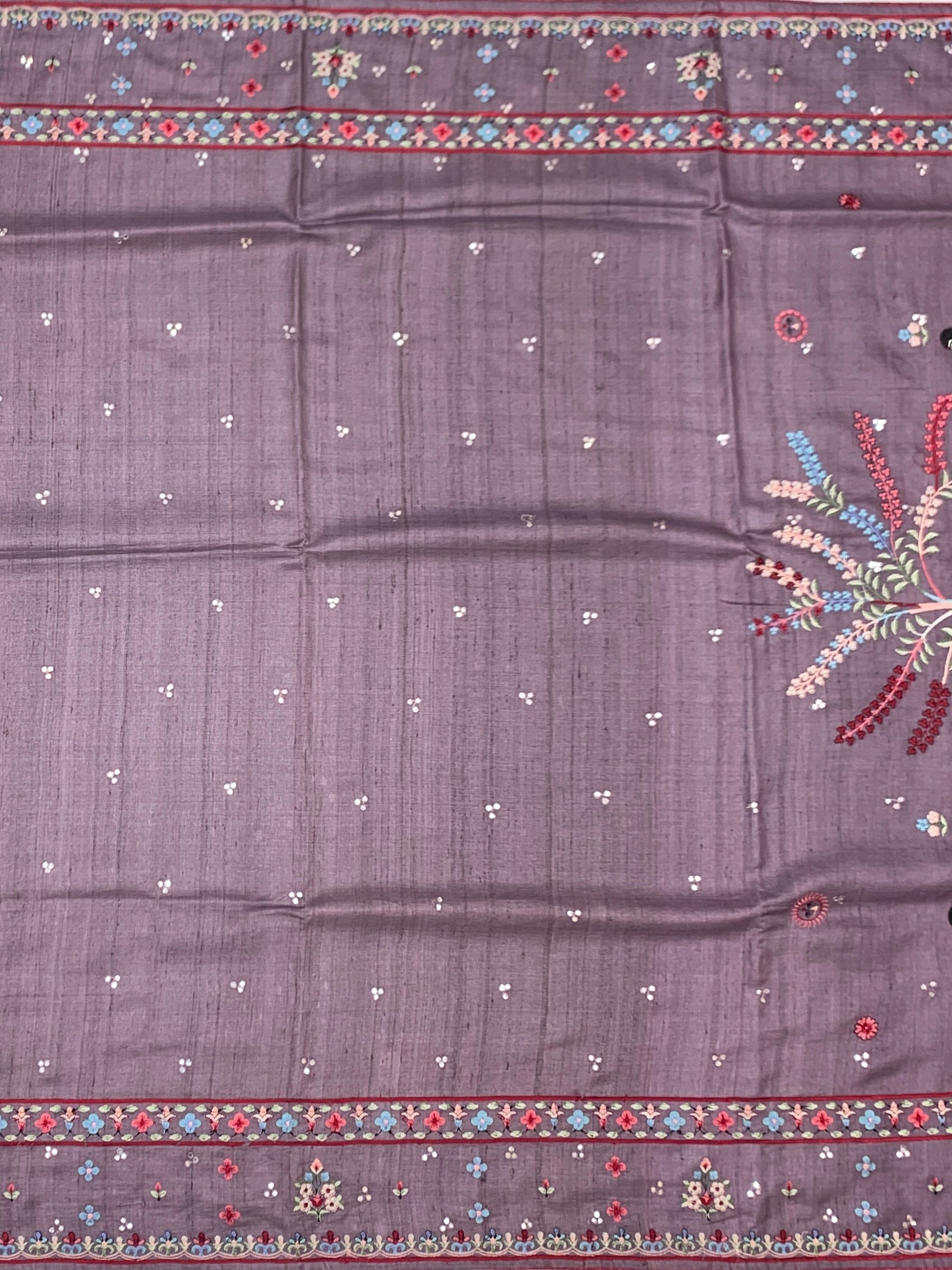 Enchanted Folklore: Narrative Hand-Embroidered Mauve Tussar Saree