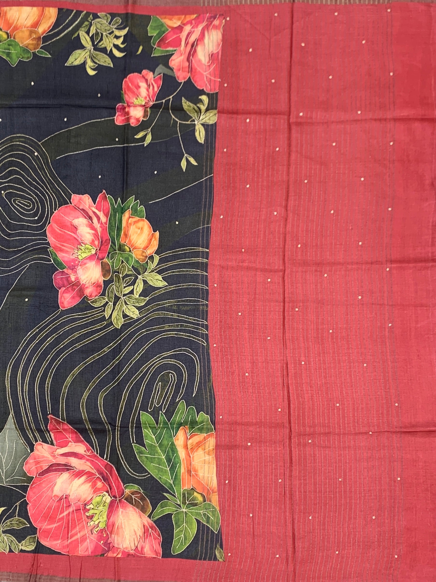 Midnight Bloom: Charcoal & Crimson Hand-Embroidered Tussar Silk Saree