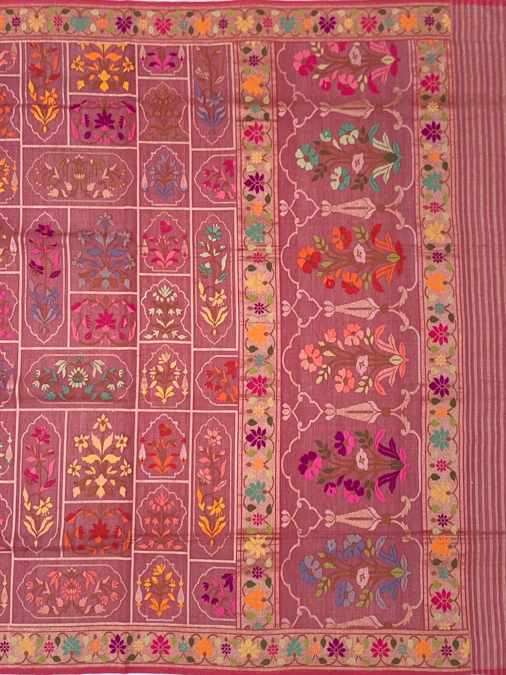 Deep Wine and Dusty Rose Cotton Jamdani Saree with Mughal Floral Grid