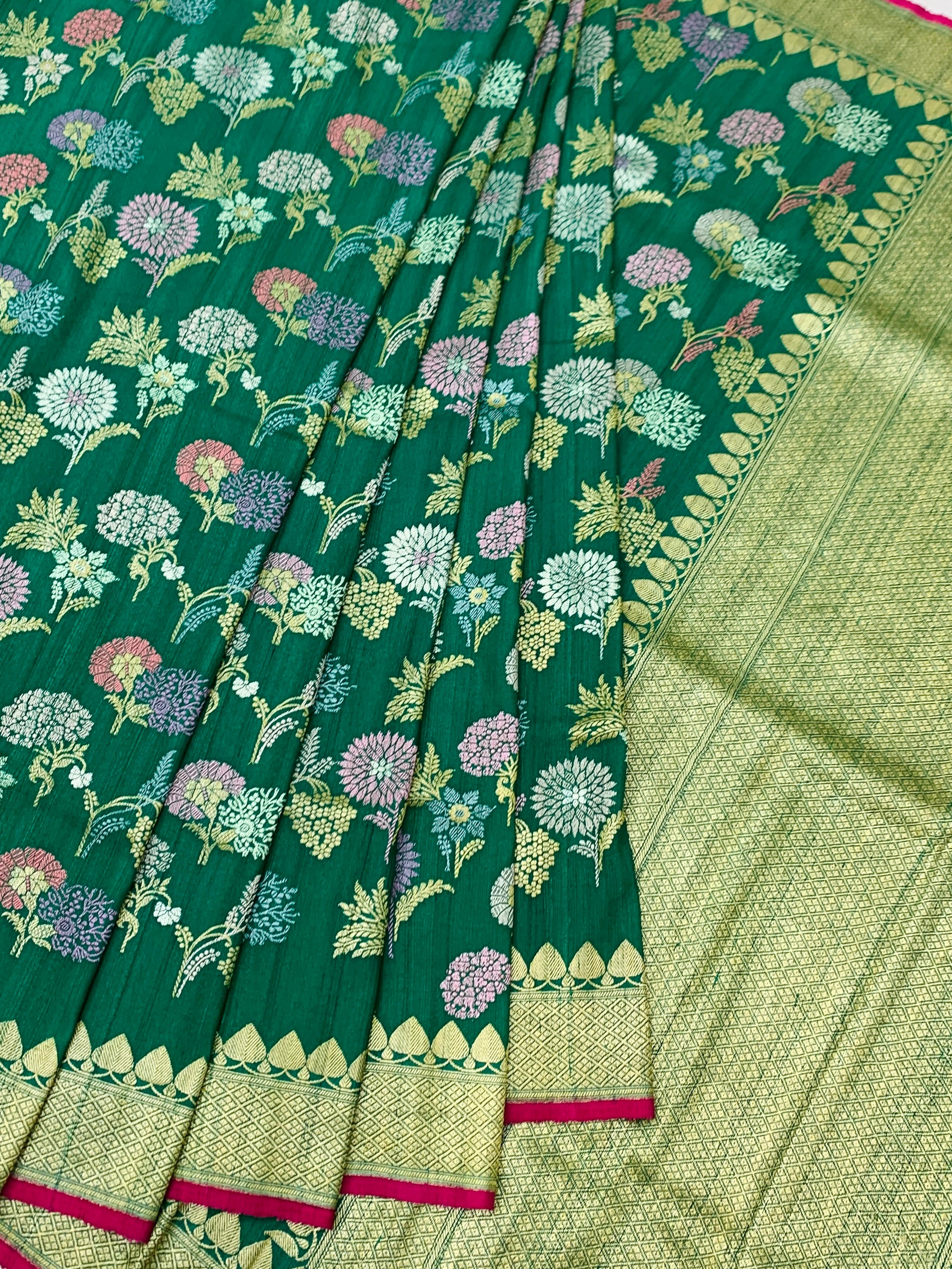 Emerald Green Tussore Georgette Saree with Meenakari Florals and Rani Pink Blouse