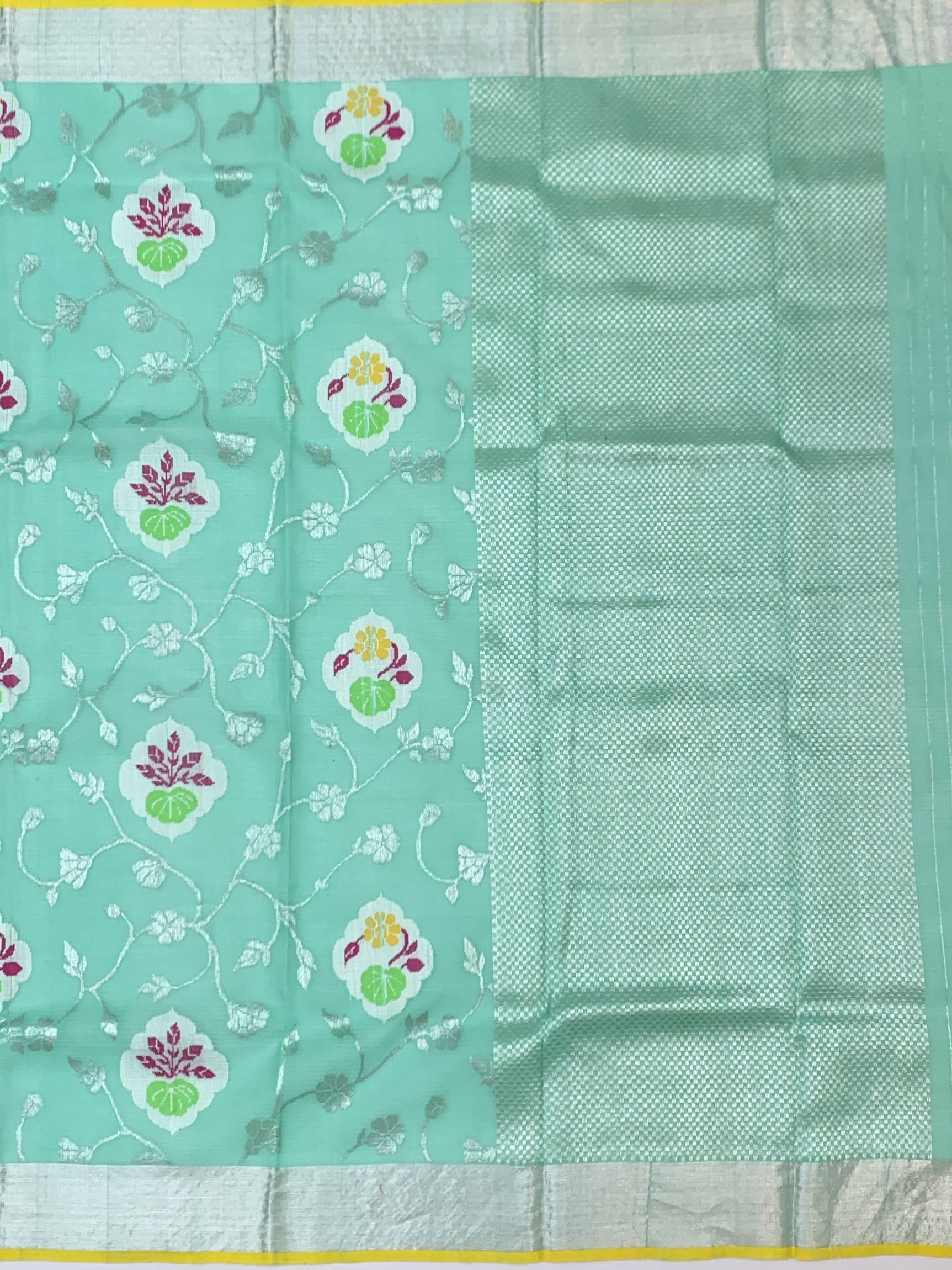 Sea Green Zari Kota Floral Saree with Contrast Sunshine Yellow Blouse