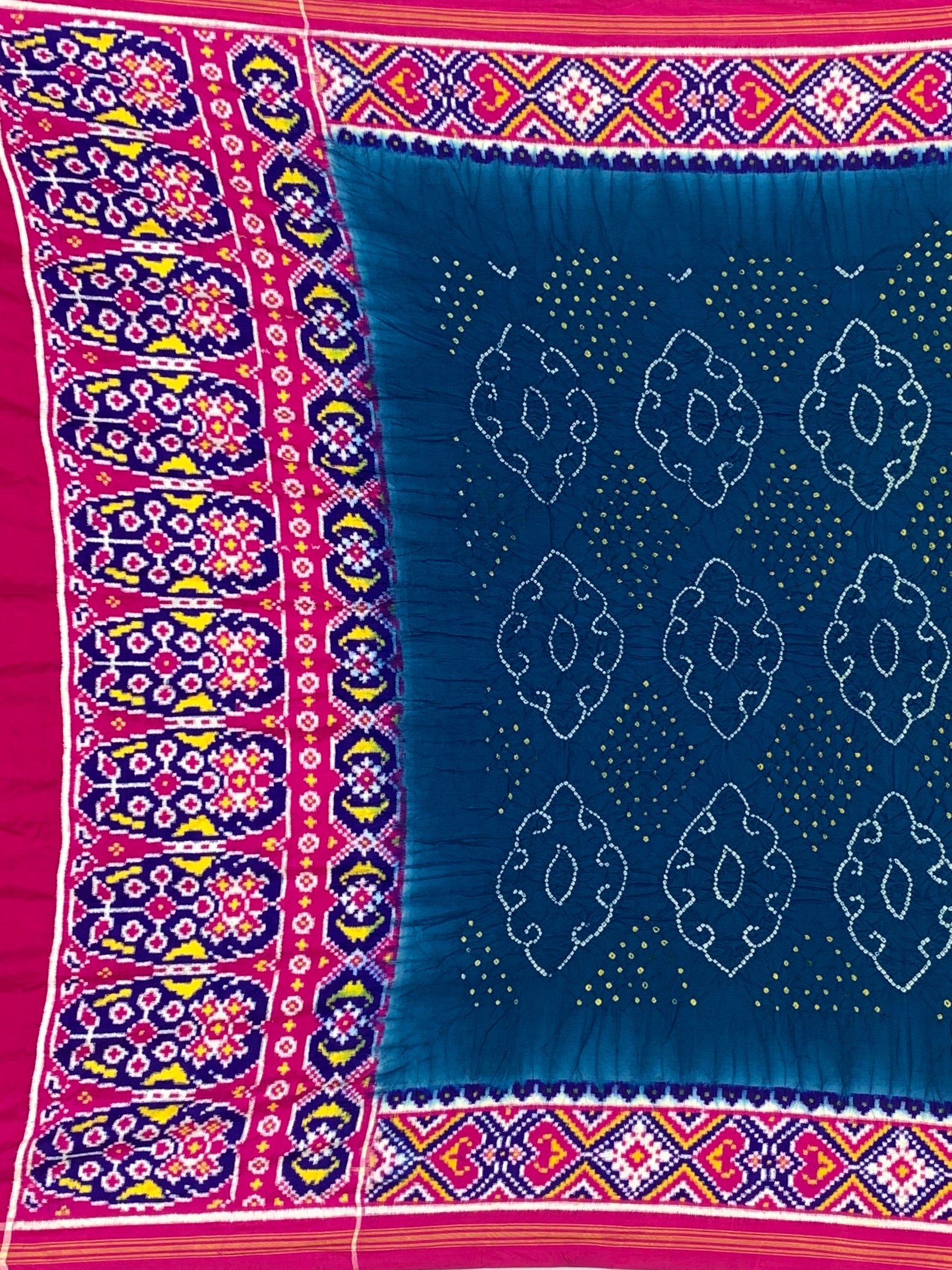 Splendid Peacock Blue & Rani Pink Patan Patola Bandhani Silk Saree