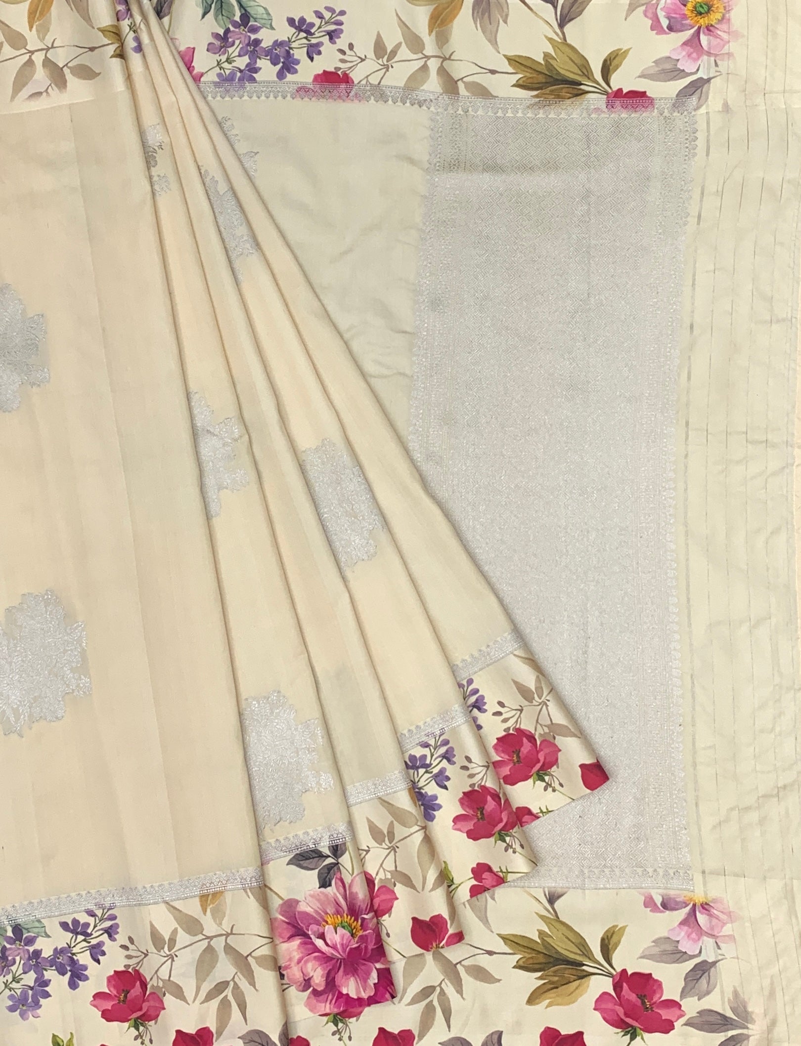 Ethereal Blooms: Ivory Tussar Silk Saree with Floral Print