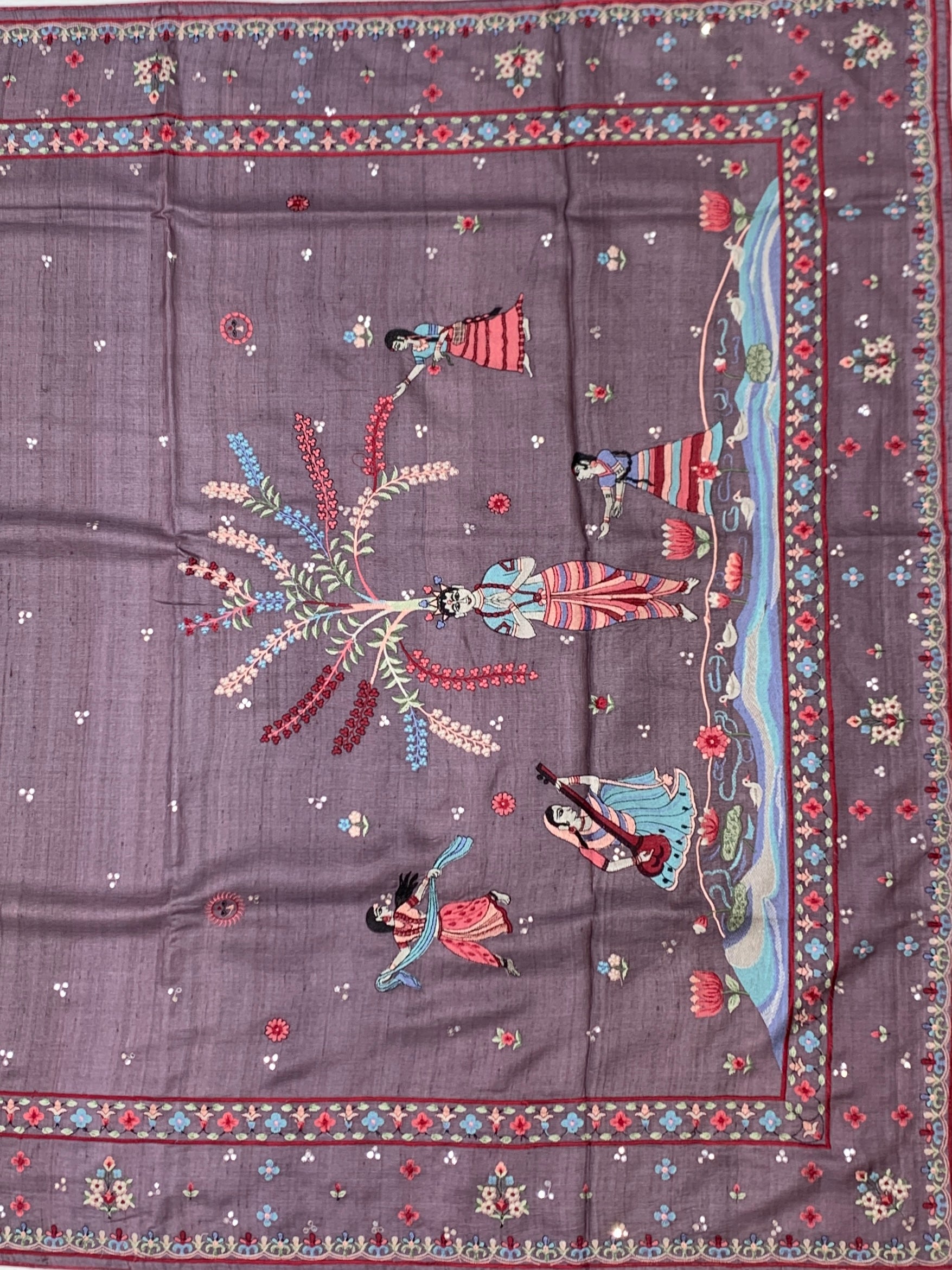Enchanted Folklore: Narrative Hand-Embroidered Mauve Tussar Saree