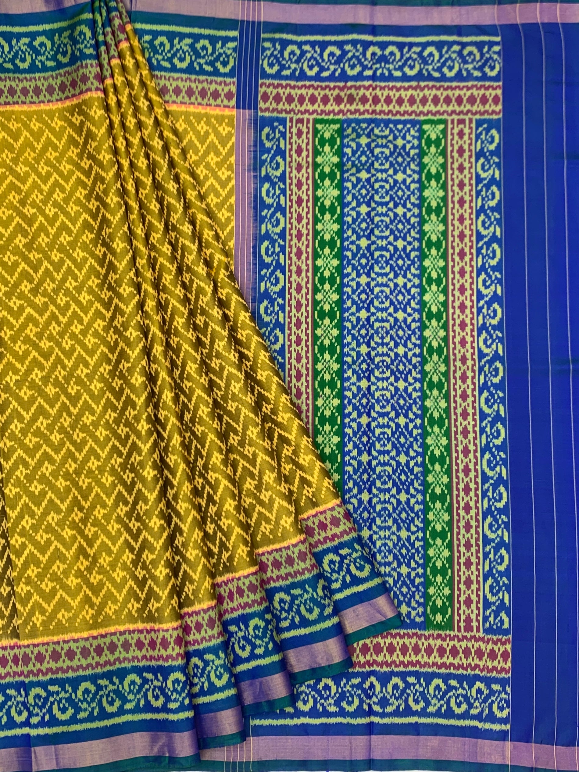 Golden Mustard & Royal Blue: Geometric Lattice Rajkot Patola Silk Saree