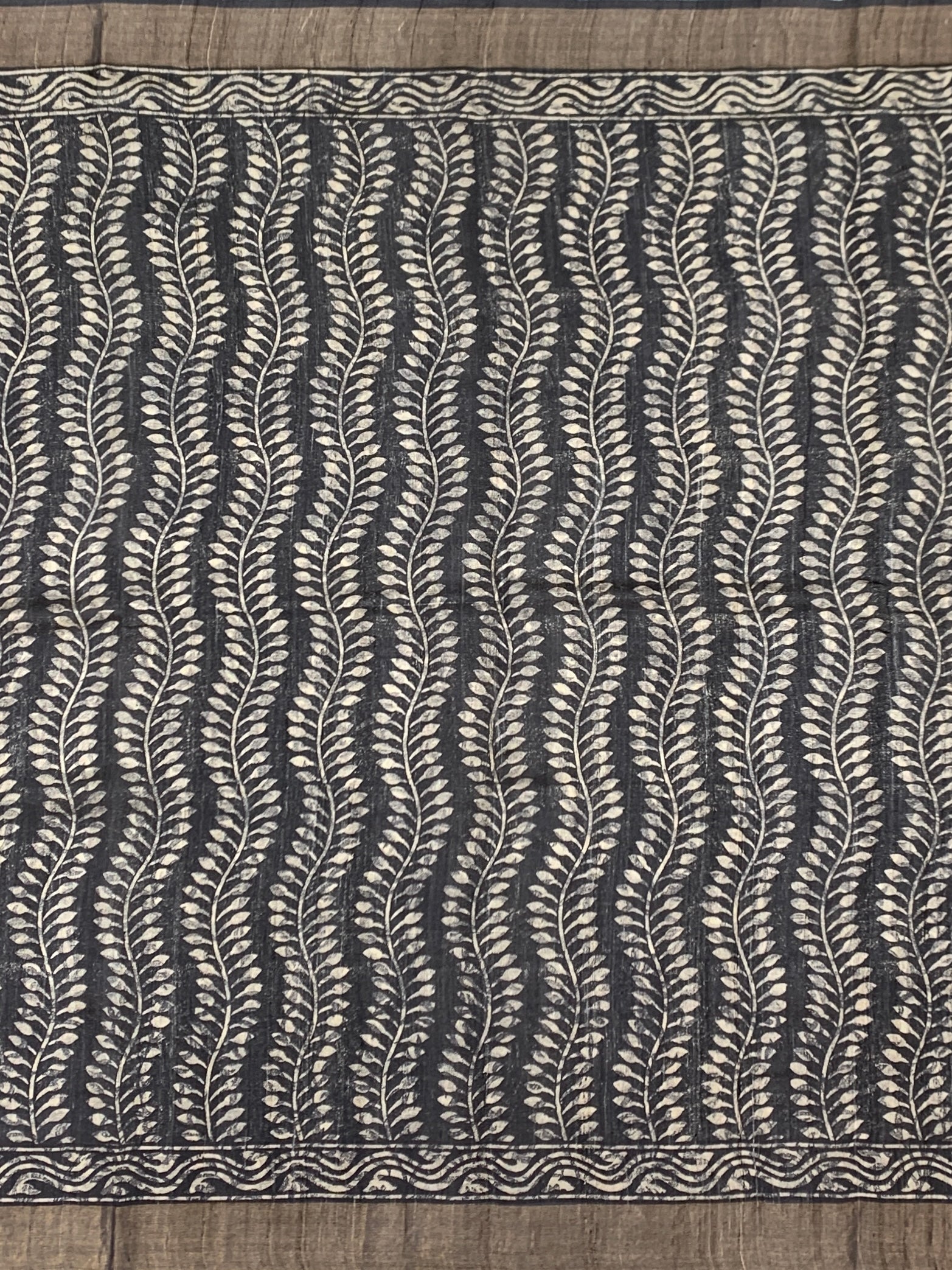 Charcoal Black Tussore Saree with Vine Block Prints