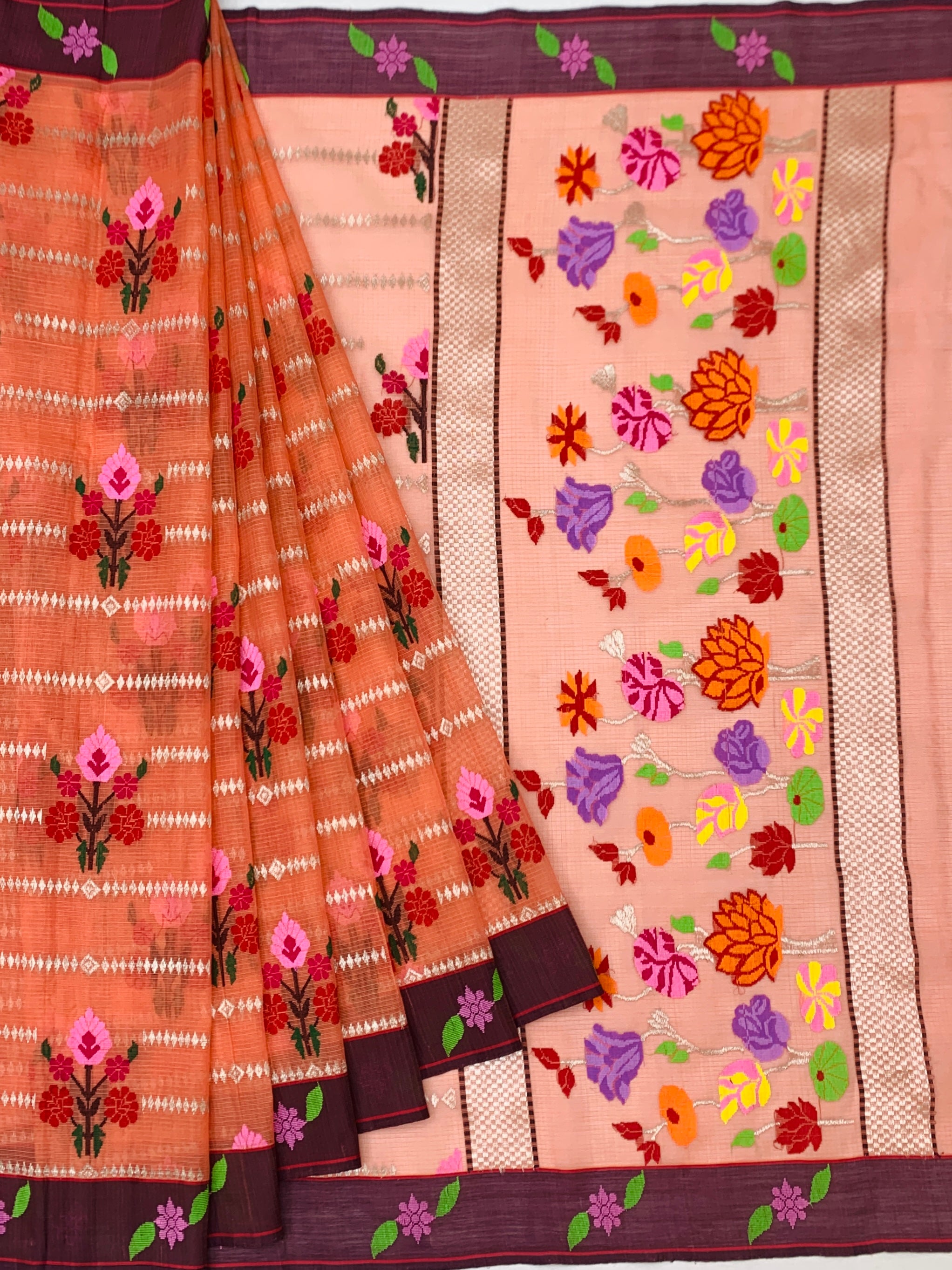 Radiant Peach Zari Kota Saree with Vibrant Floral Weaves