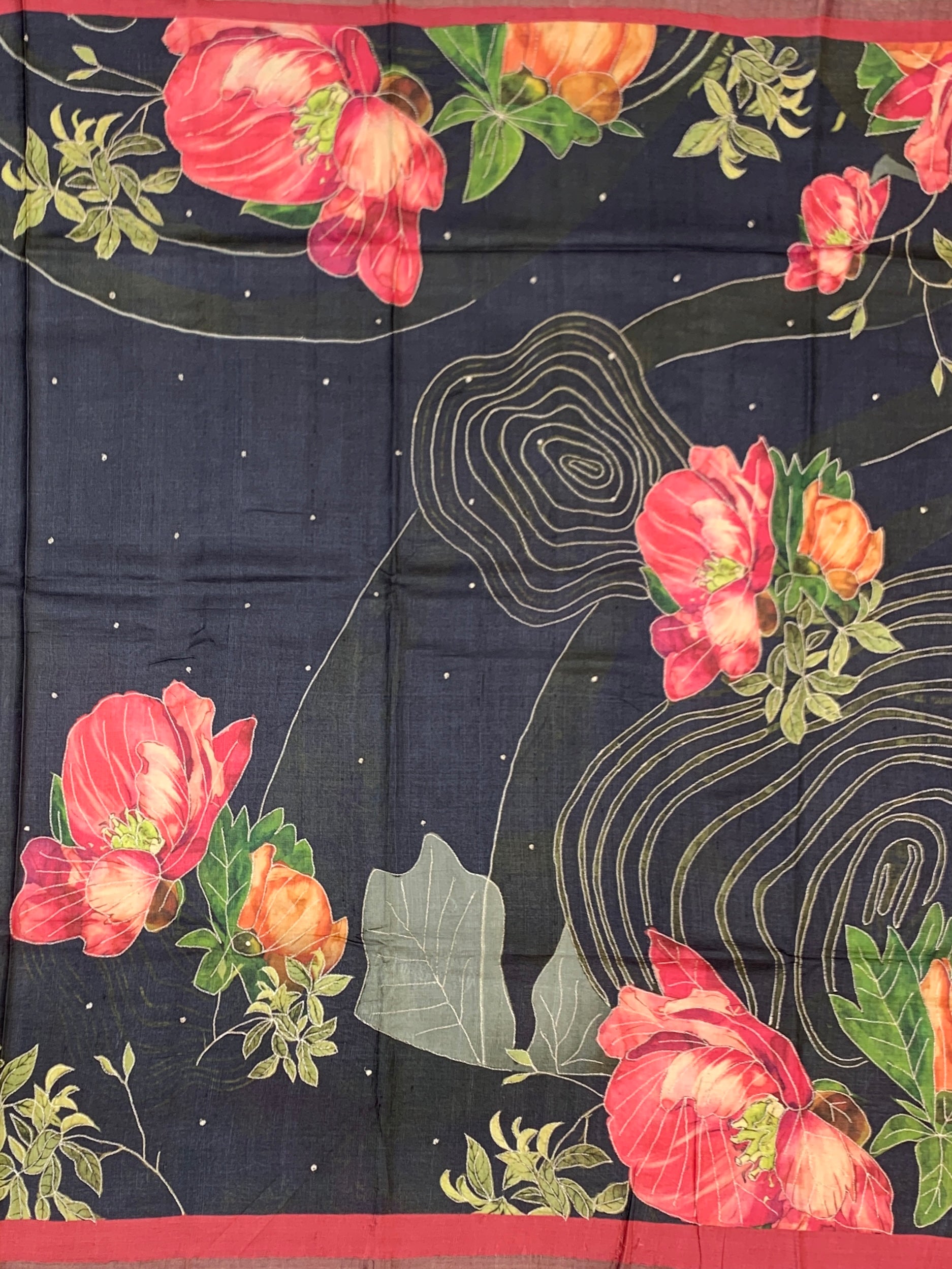 Midnight Bloom: Charcoal & Crimson Hand-Embroidered Tussar Silk Saree