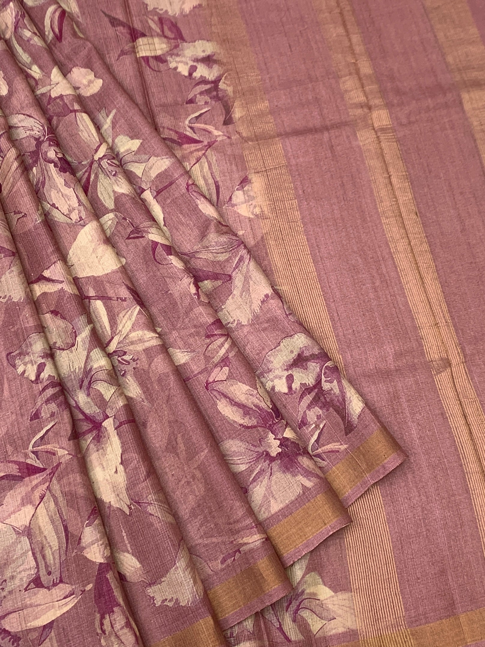 Dusty Rose Romance: Ethereal Floral Tussore Printed Saree