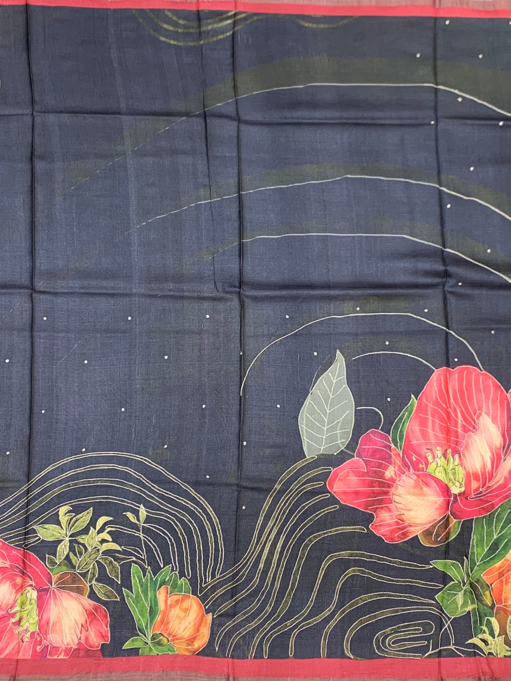 Midnight Bloom: Charcoal & Crimson Hand-Embroidered Tussar Silk Saree