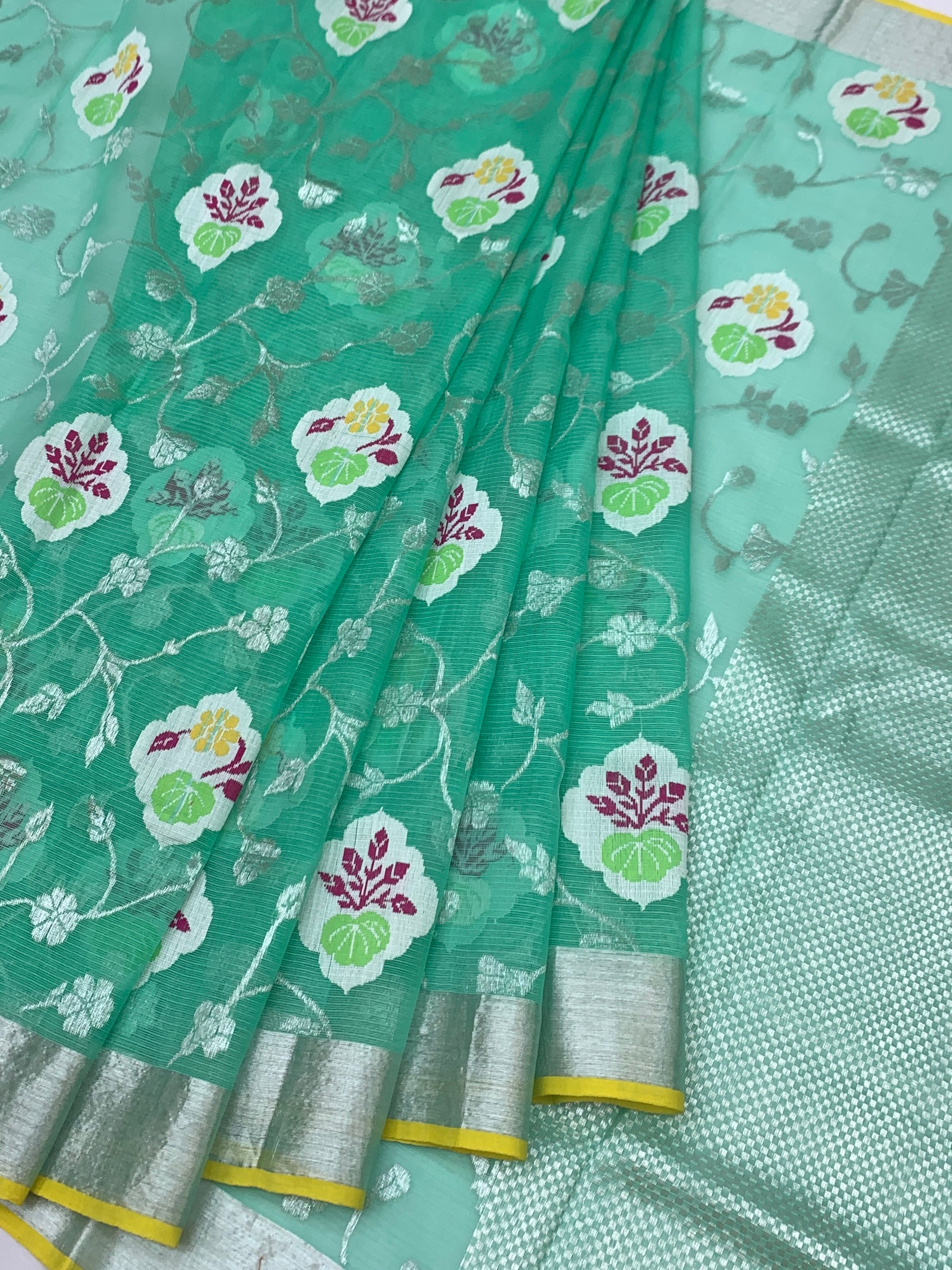 Sea Green Zari Kota Floral Saree with Contrast Sunshine Yellow Blouse