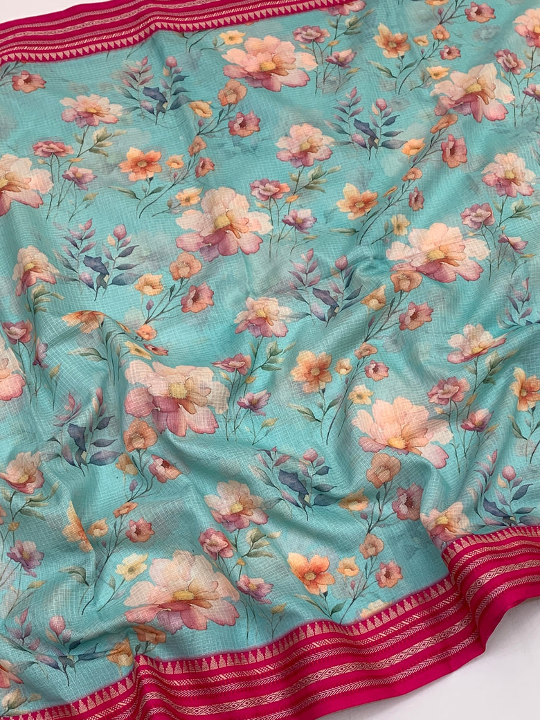 Turquoise Blue Cotton Kota Floral Printed Saree