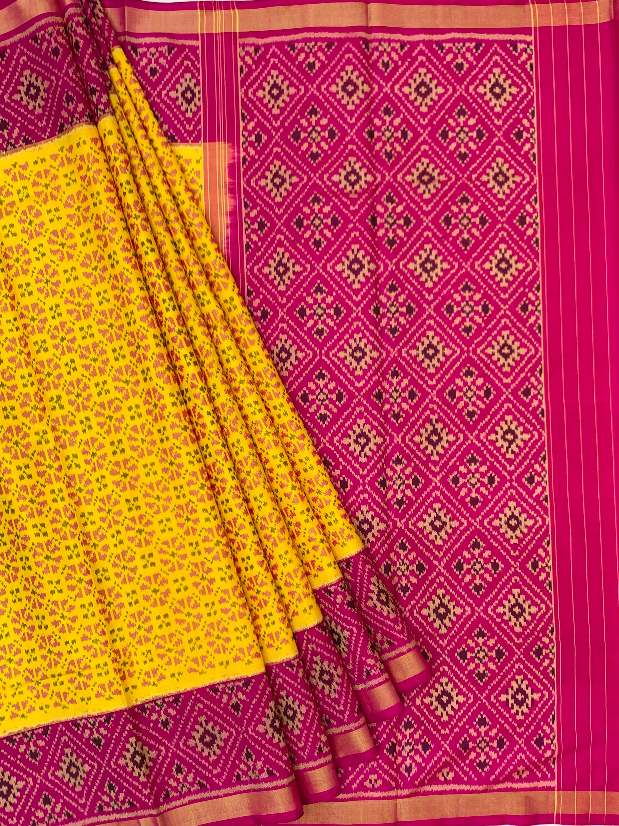 Radiant Sunshine Yellow and Rani Pink Rajkot Patola Silk Saree