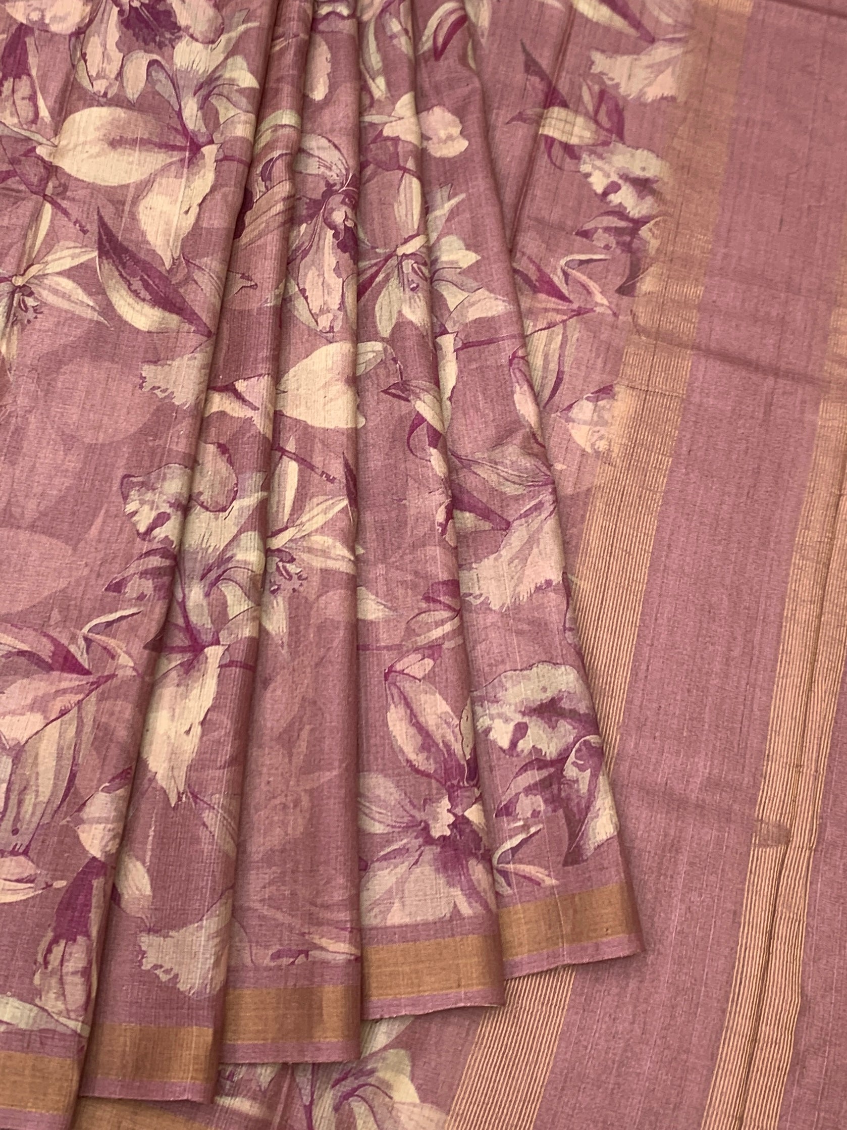 Dusty Rose Romance: Ethereal Floral Tussore Printed Saree