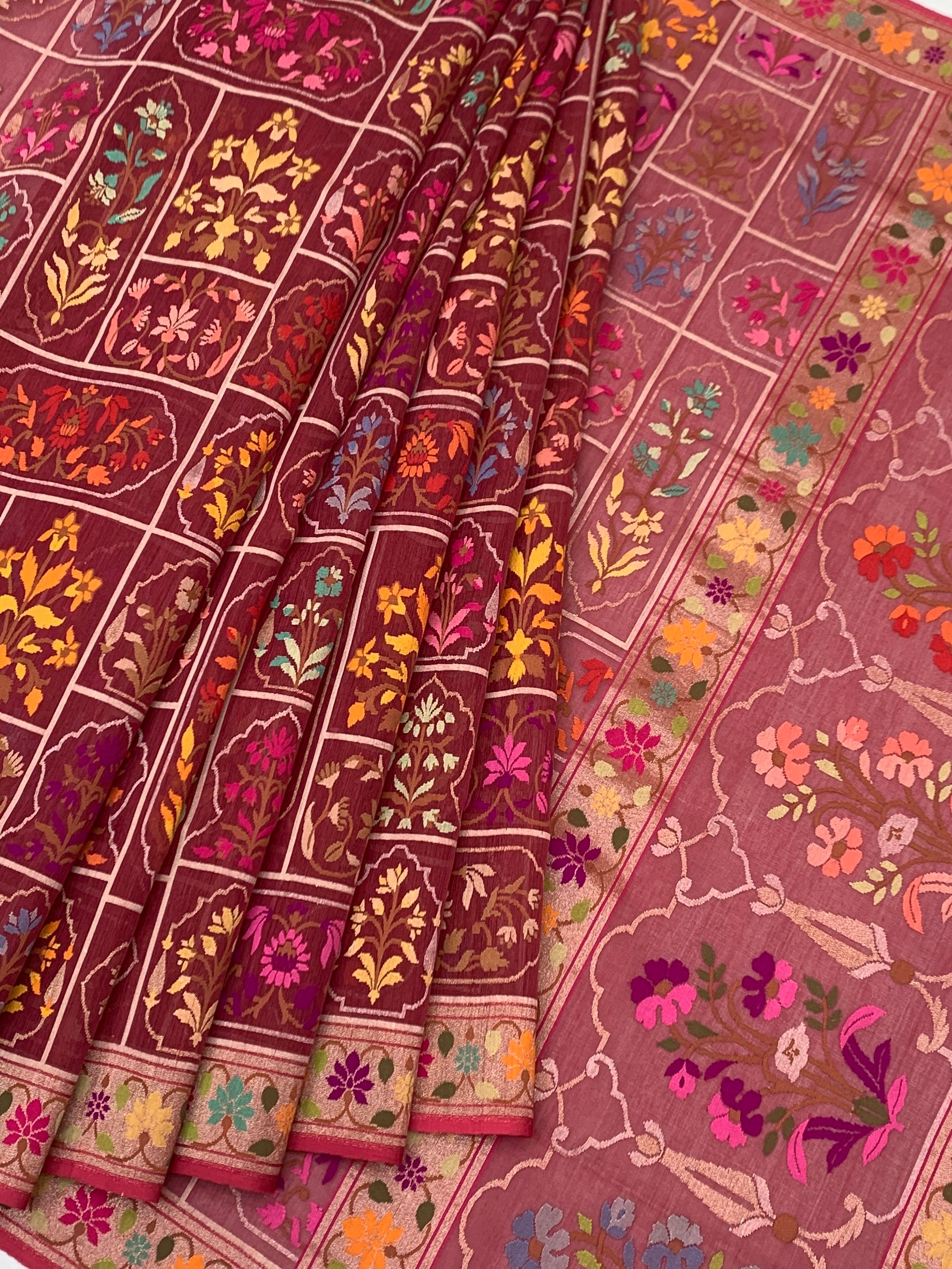 Deep Wine and Dusty Rose Cotton Jamdani Saree with Mughal Floral Grid